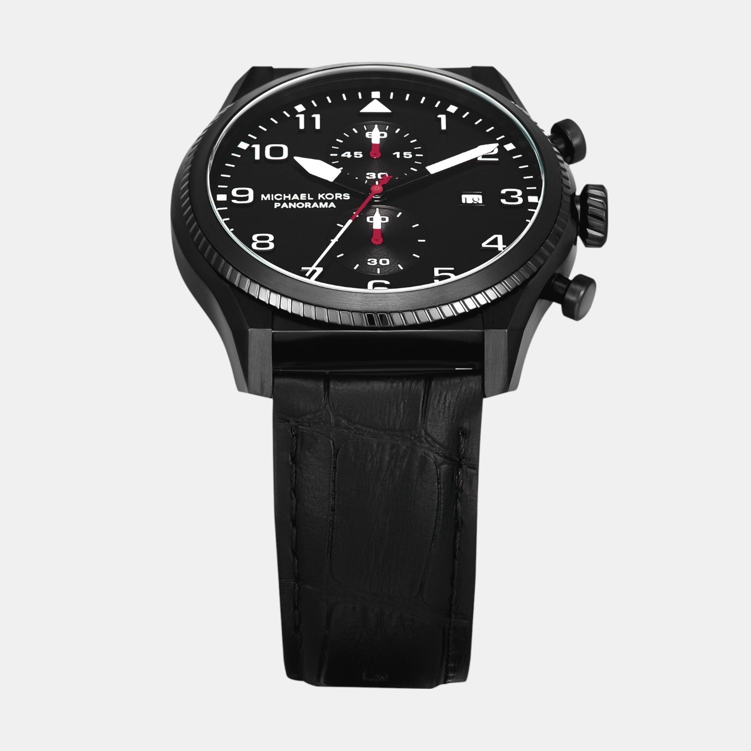 Michael Kors Panorama Men Quartz Black Dial Chronograph Leather Watch Mk9201