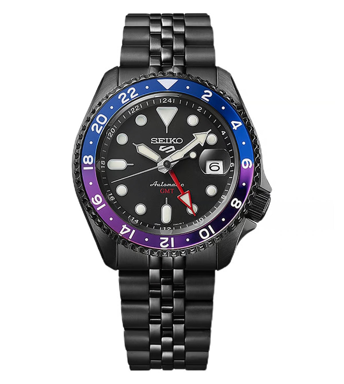 Seiko SSK027K1 5 Sports Yuto Horigome Limited Edition III, black PVD case with navy and purple GMT bezel, dial view