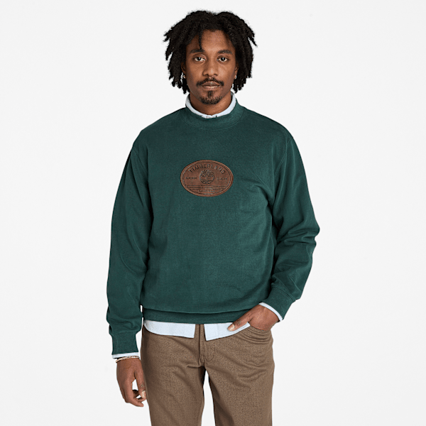 Timberland Leather Badge Crewneck Sweatshirt Dark Forest Green Men'S