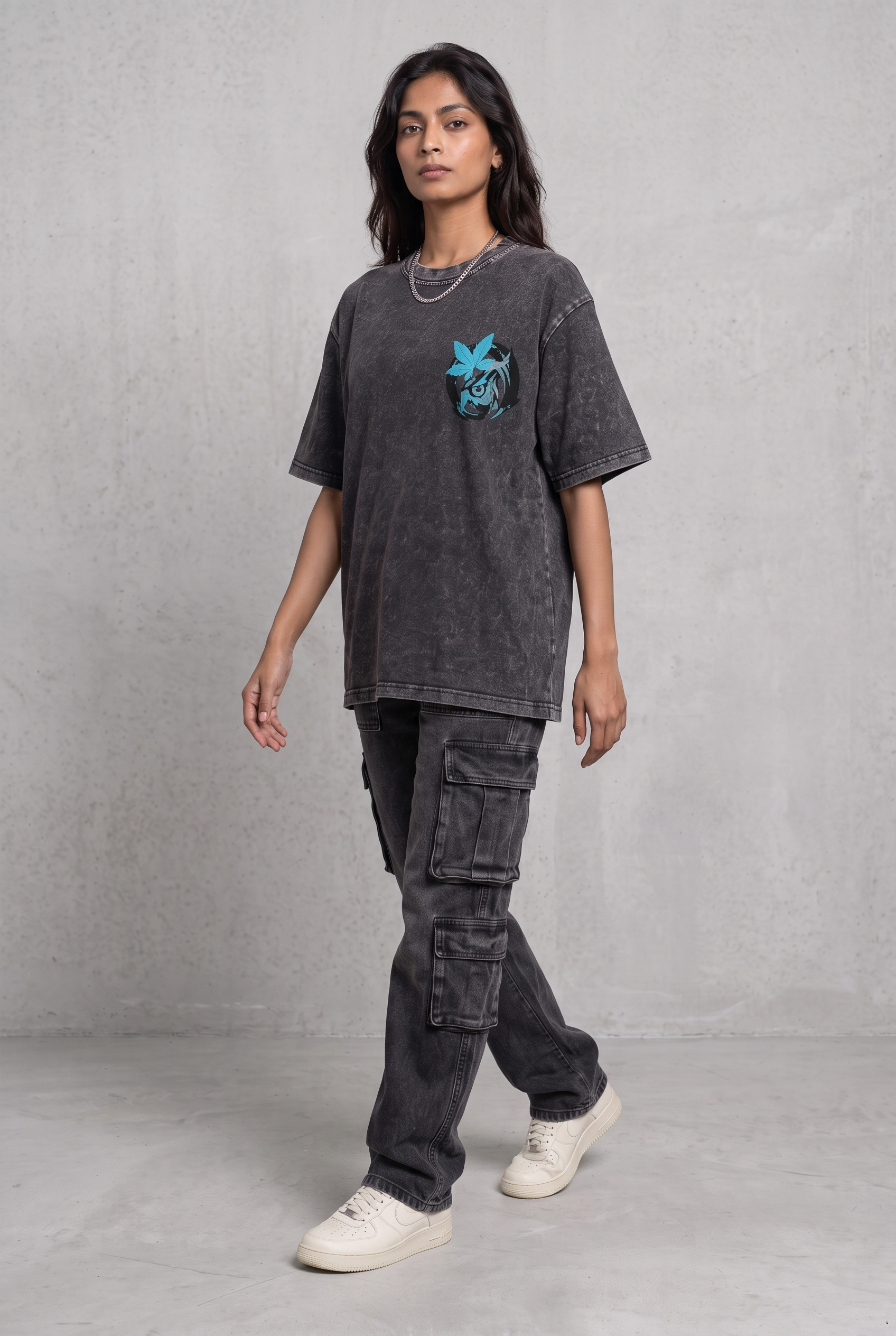 OWL VISION DARK GREY ACIDWASH WOMEN’S OVERSIZED T-SHIRT