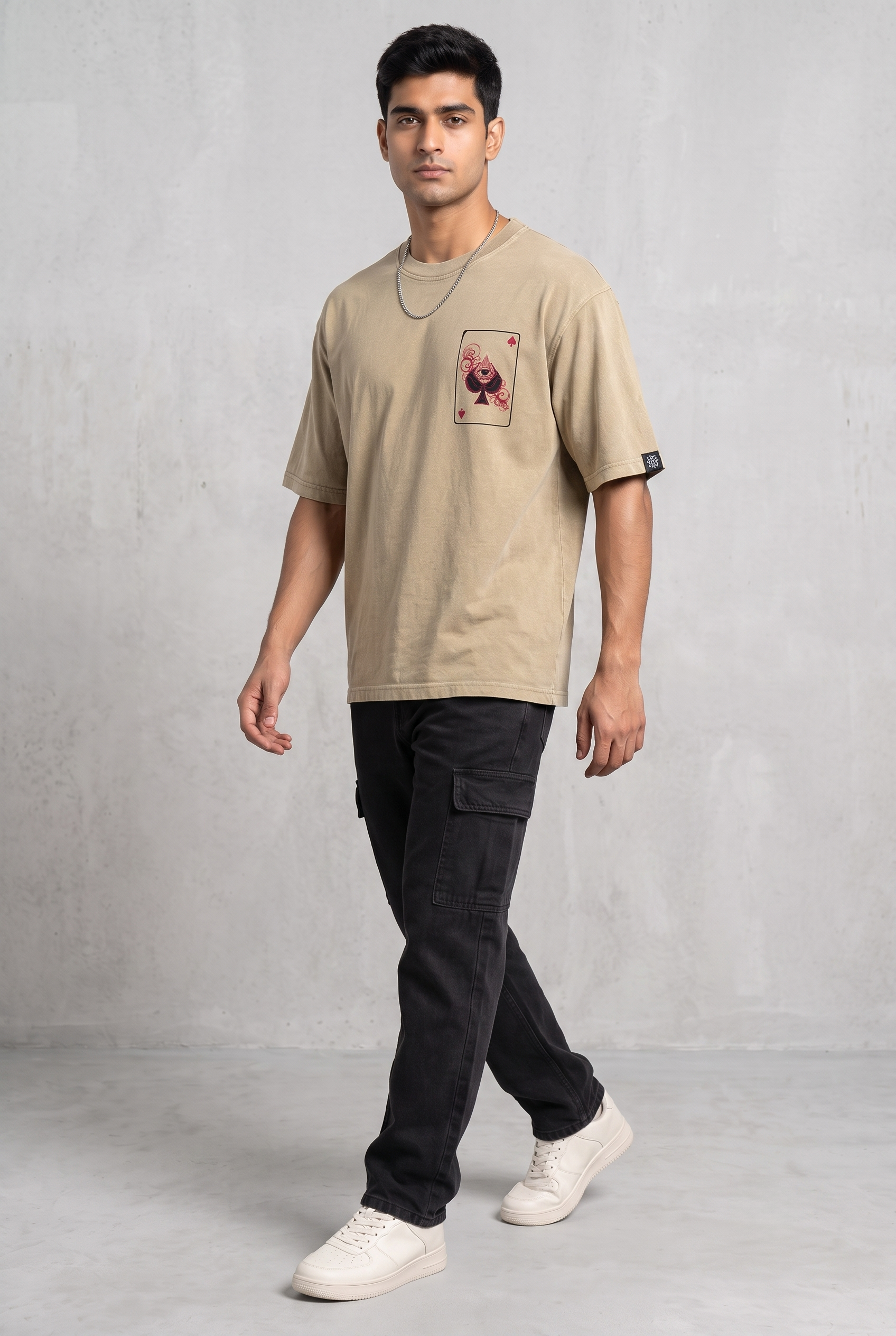 SPADE OF SECRETS BEIGE ACIDWASH MEN’S OVERSIZED T-SHIRT