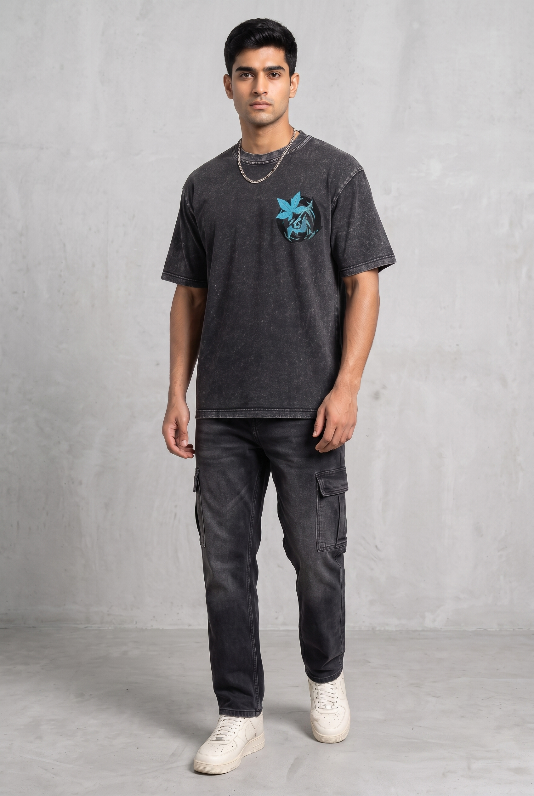 OWL VISION DARK GREY ACIDWASH MEN’S OVERSIZED T-SHIRT