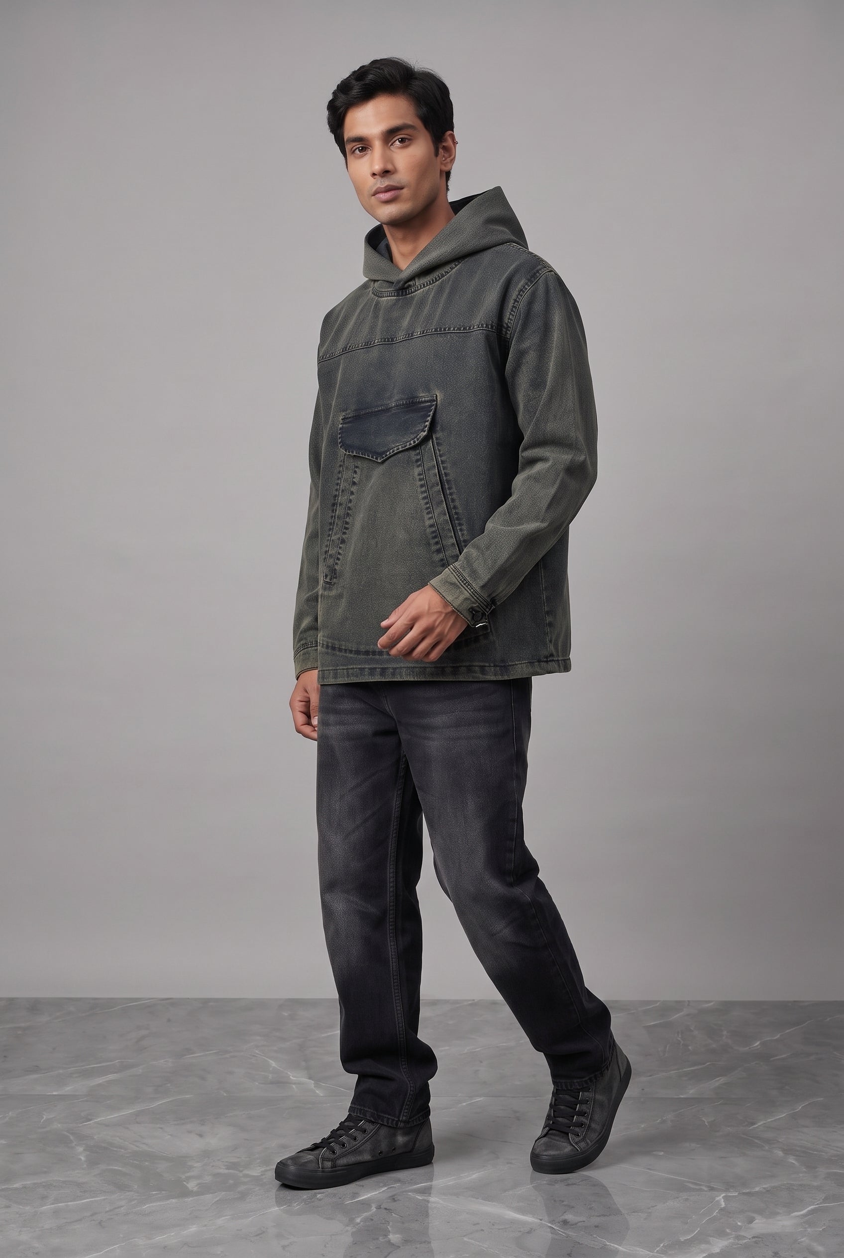 ACID WASH DENIM MEN'S HOODIE