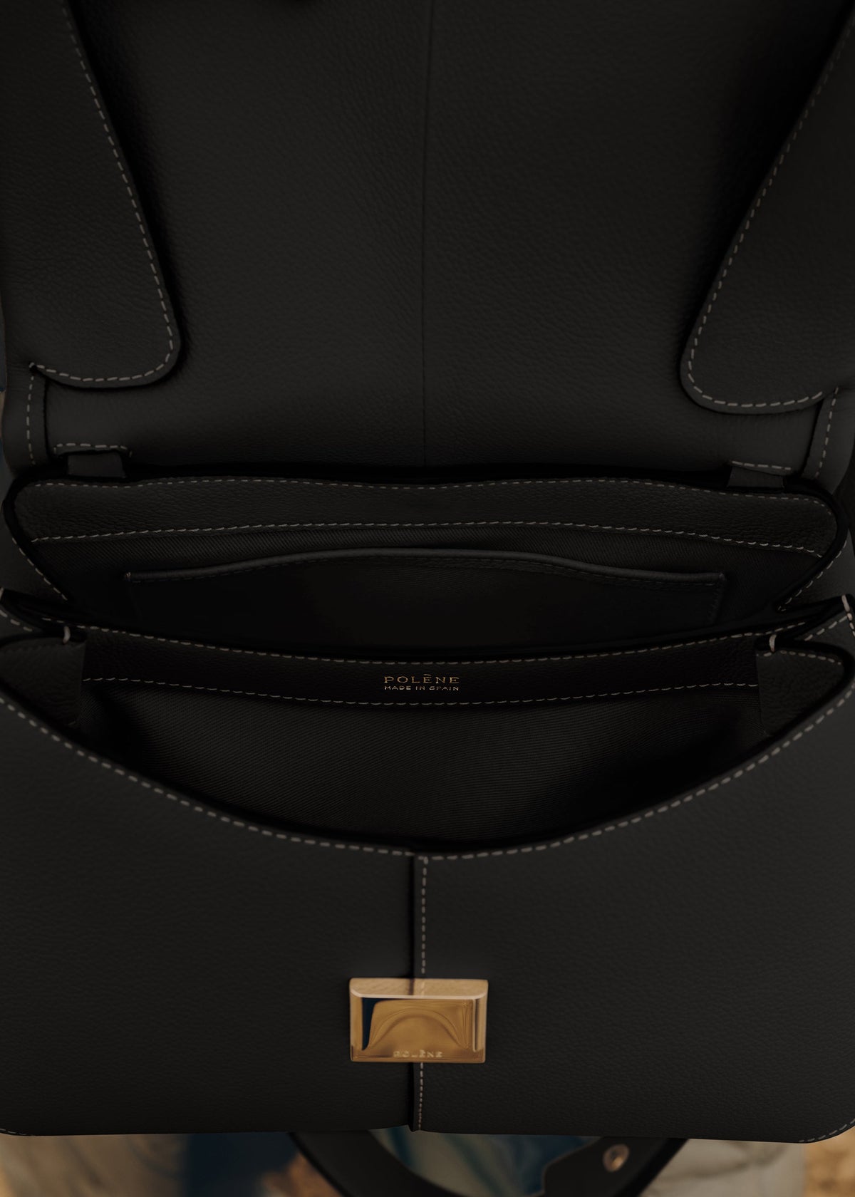 Polene Mokki Textured Black with Ecru Stitching, detail 2