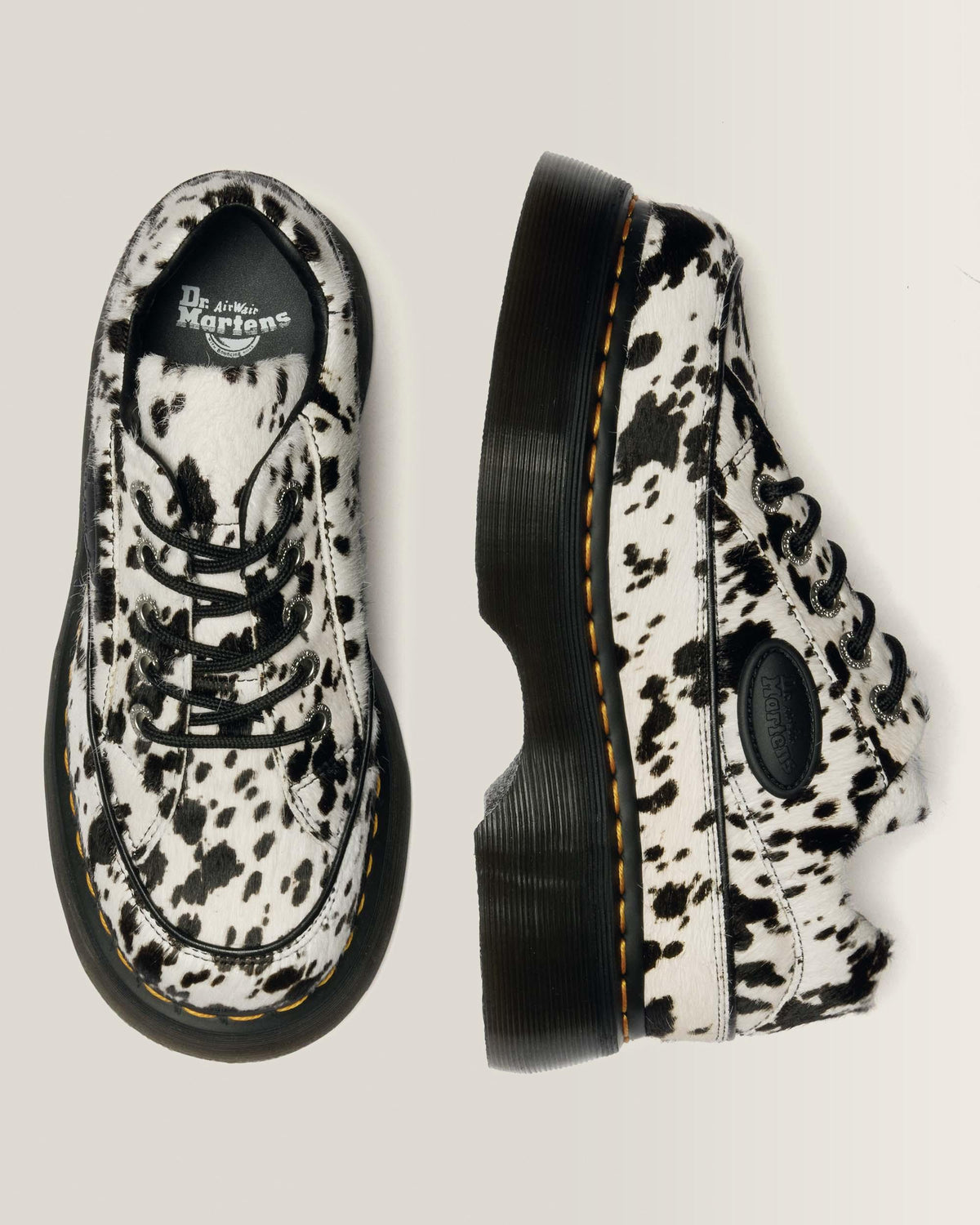Dr Martens Buzz 5-Eye Dalmatian Hair On Leather Shoes - Cream & Black