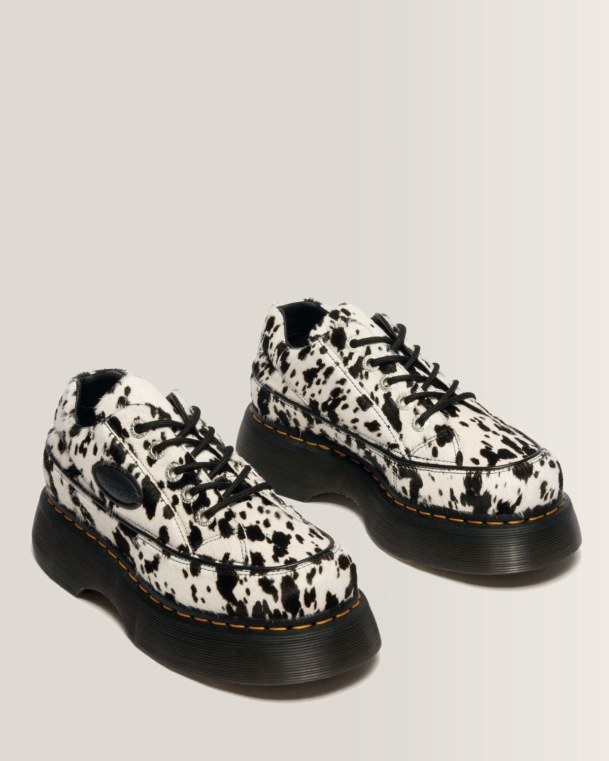 Dr Martens Buzz 5-Eye Dalmatian Hair On Leather Shoes - Cream & Black
