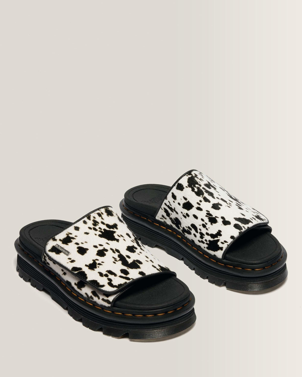 Dr Martens Zebzag Dalmatian Hair On Leather Platform Slides - Cream+Black