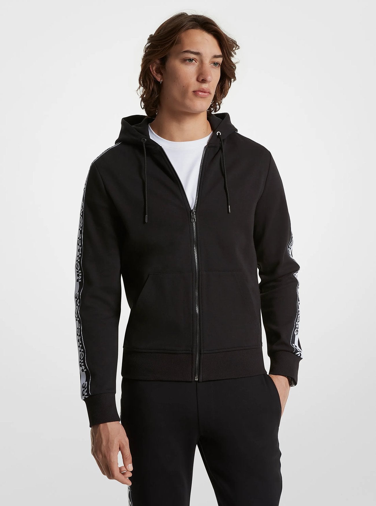 Michael Kors Logo Tape Cotton Blend Zip-Up Hoodie BLACK