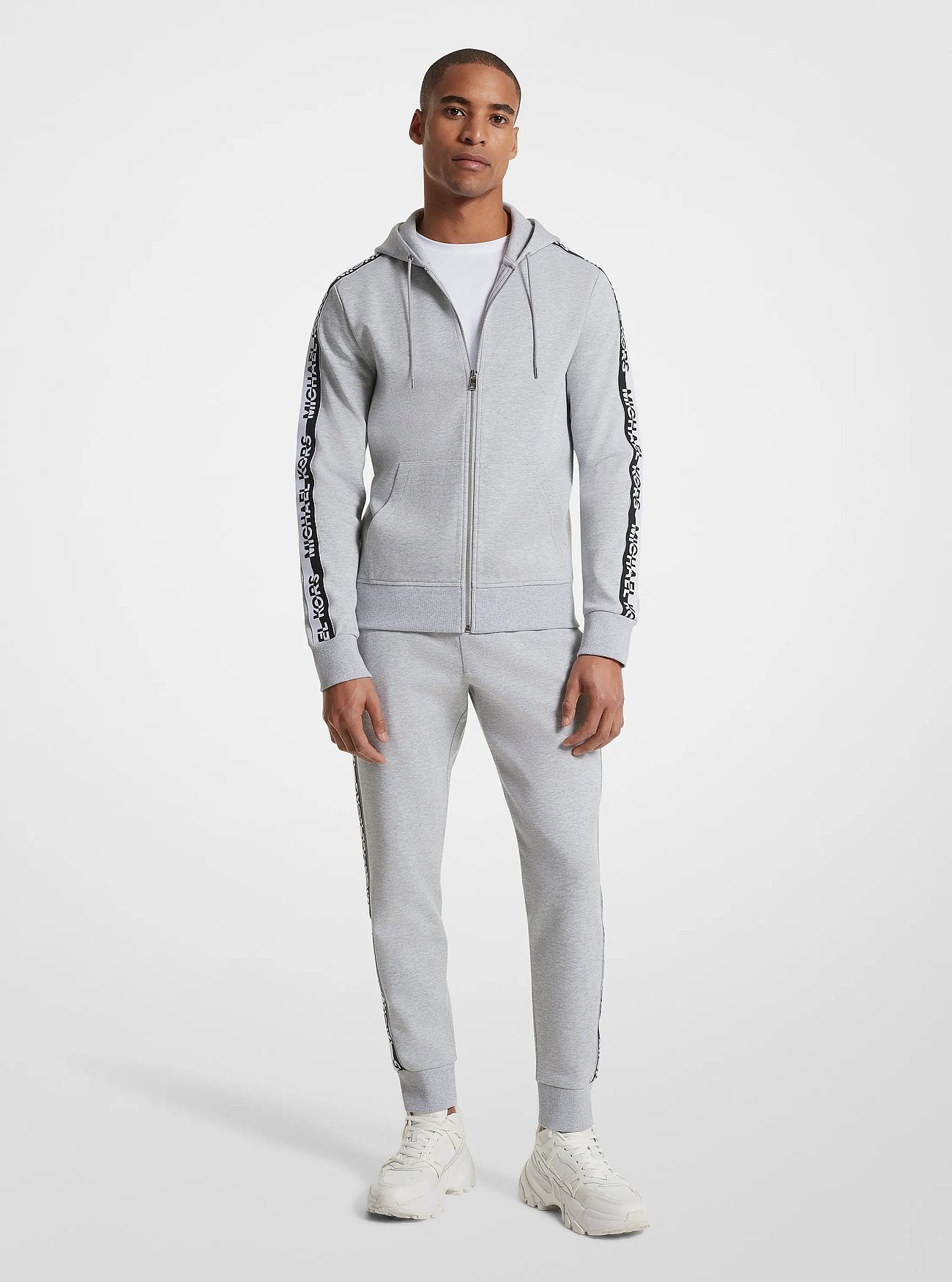 Michael Kors Logo Tape Cotton Blend Zip-Up Hoodie HEATHER GREY