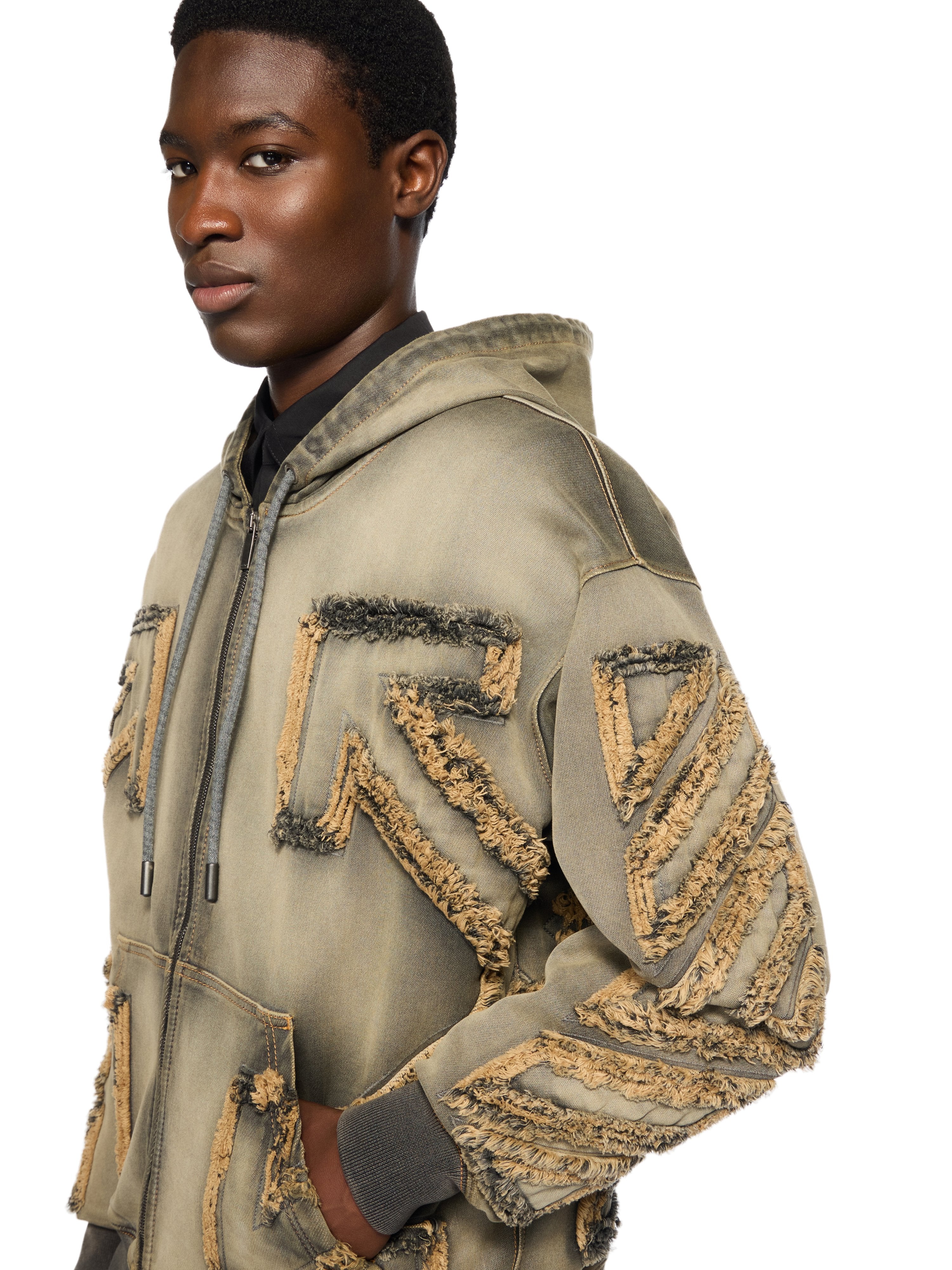 Off-White Distressed Denim Arrow Zip Skate Hoodie Licorice