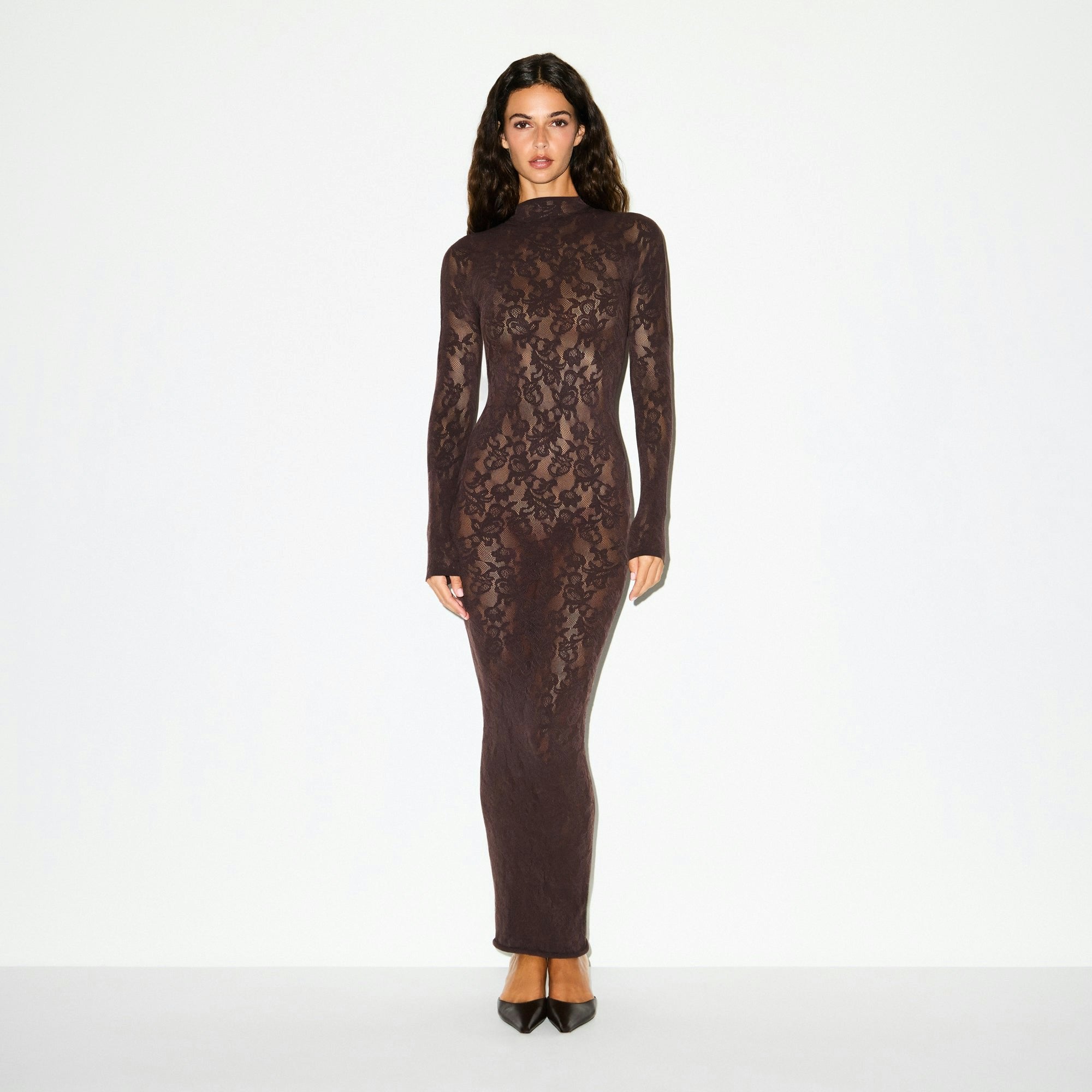 Skims Knit Lace Mock Neck Long Dress Espresso