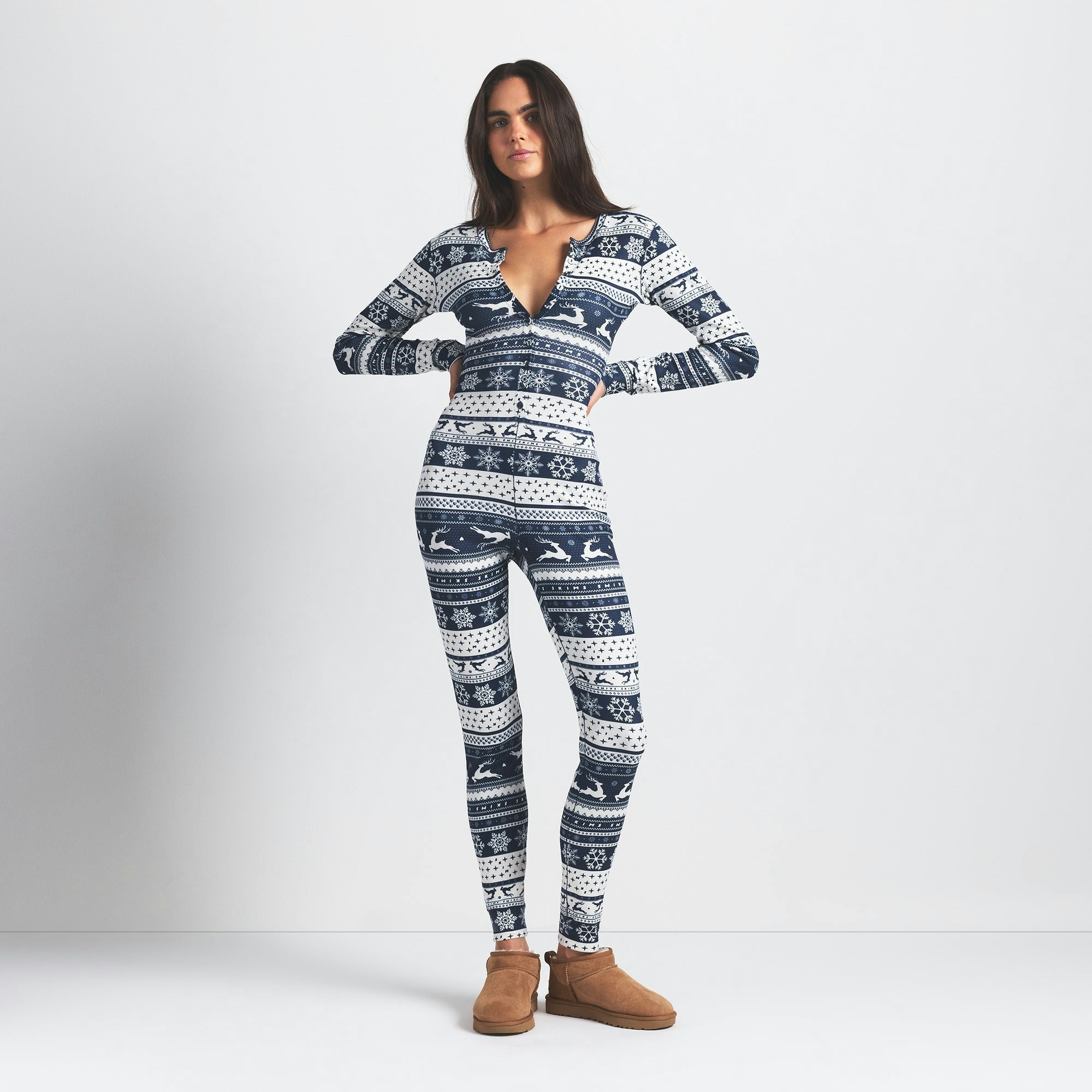 Skims Logo Plush Pointelle Henley Onesie Navy Deer Fair Isle