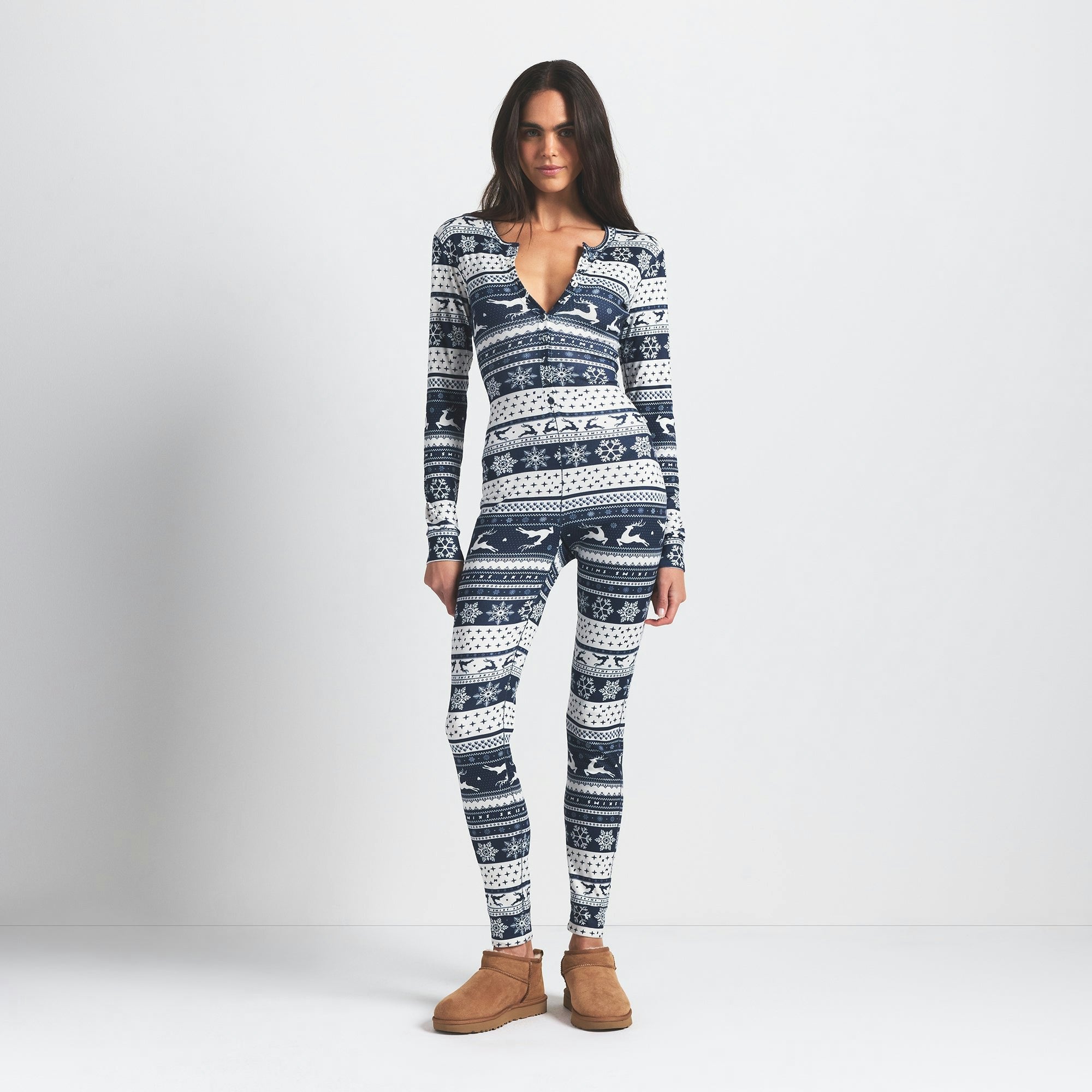 Skims Logo Plush Pointelle Henley Onesie Navy Deer Fair Isle
