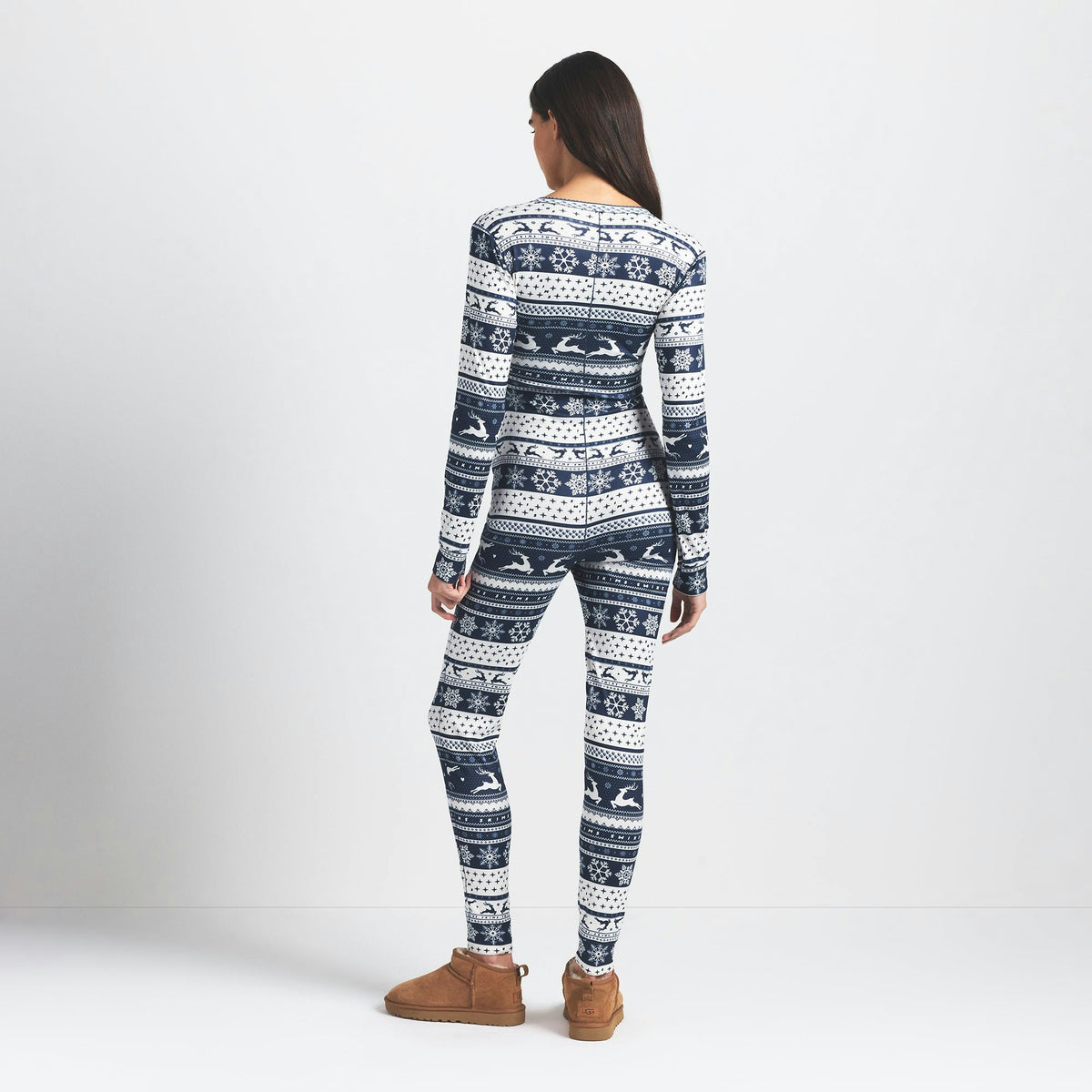 Skims Logo Plush Pointelle Henley Onesie Navy Deer Fair Isle