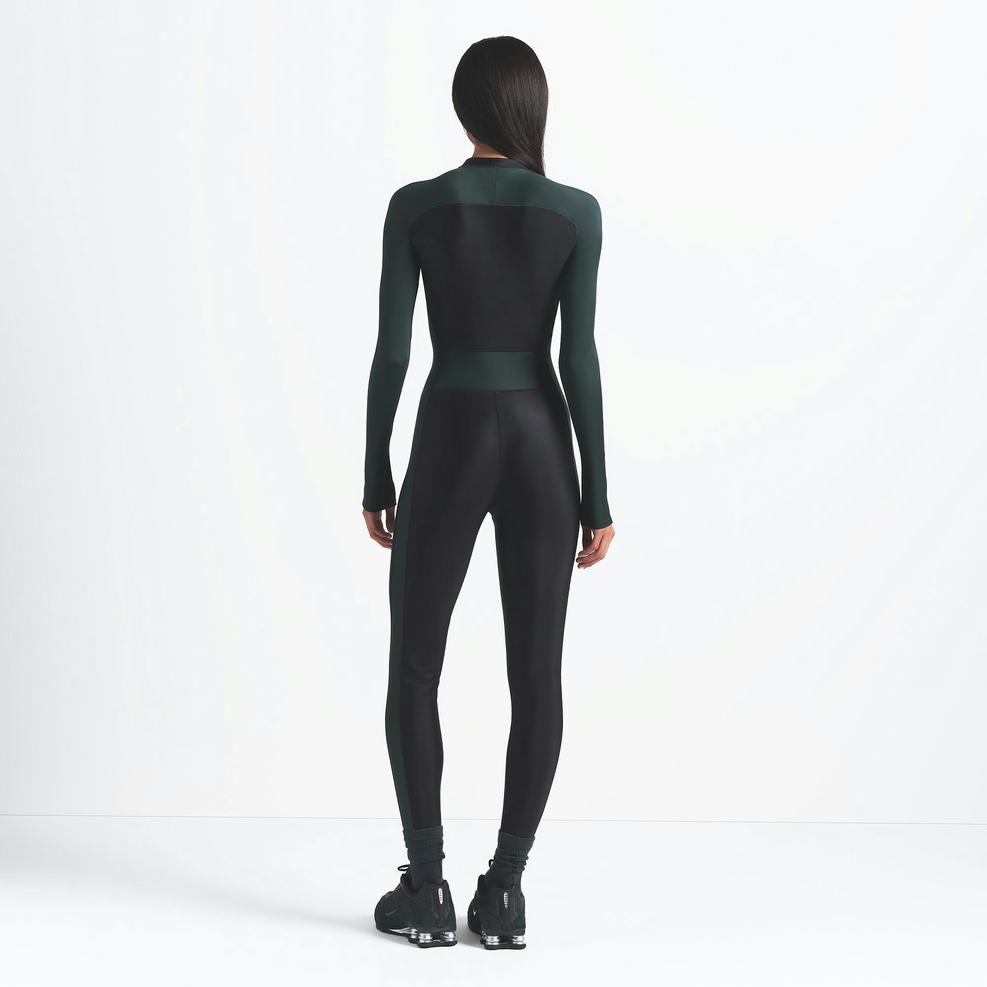 Skims Nikeskims Shine Zip Front Long Onesie Obsidian And Dark Teal