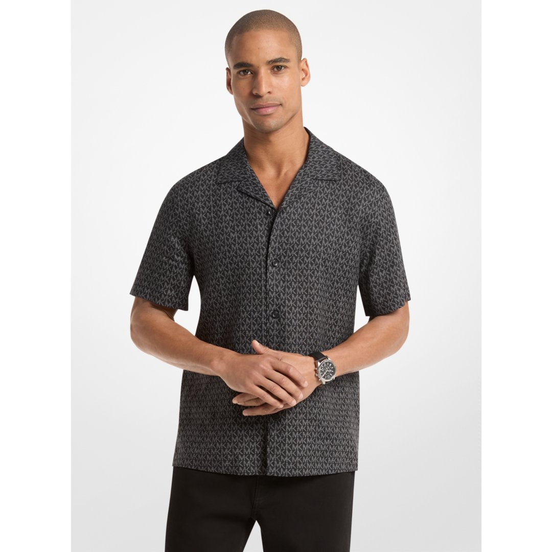 Michael Kors Signature Logo Linen Camp Shirt BLACK