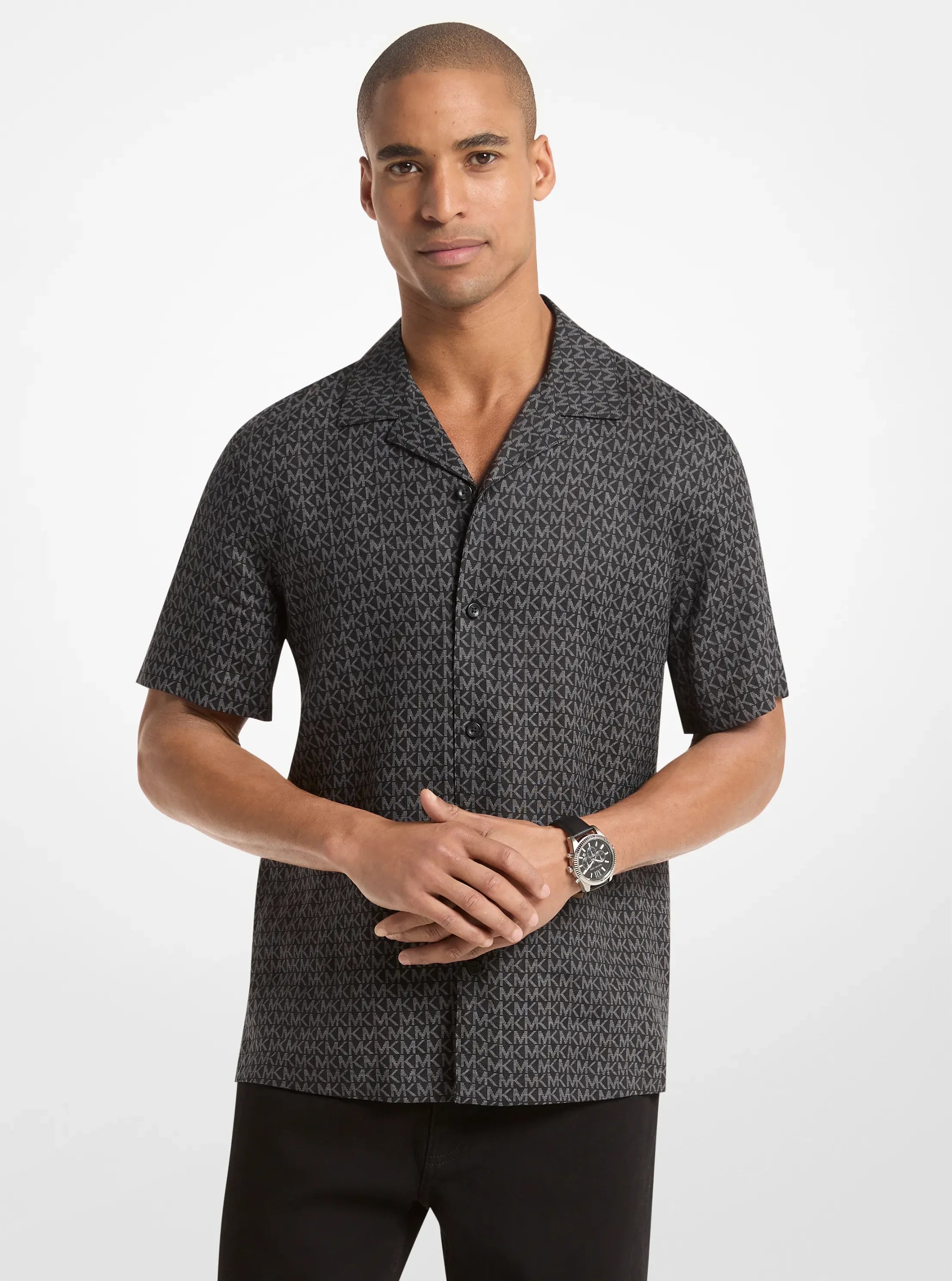Michael Kors Signature Logo Linen Camp Shirt BLACK
