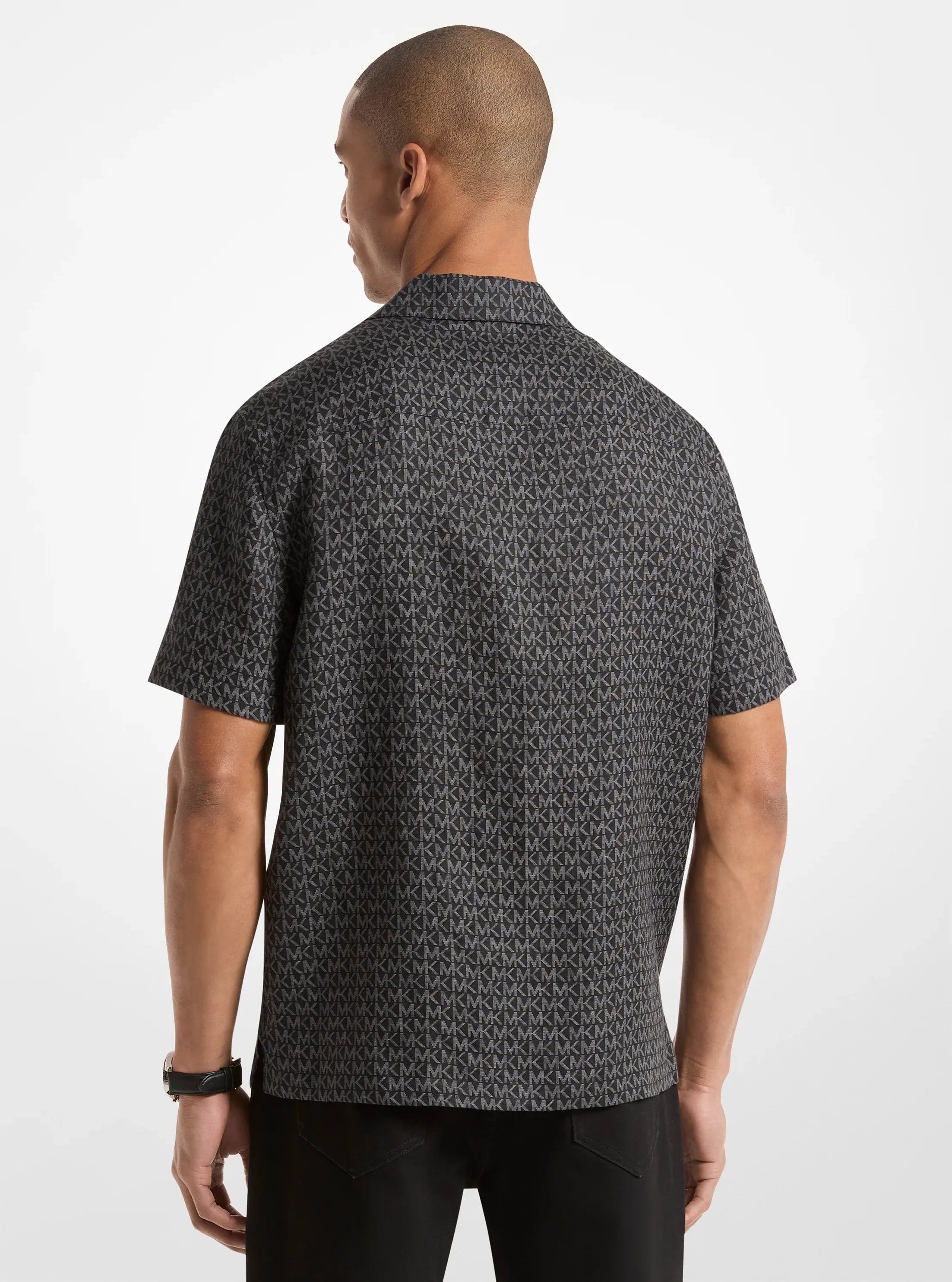 Michael Kors Signature Logo Linen Camp Shirt BLACK
