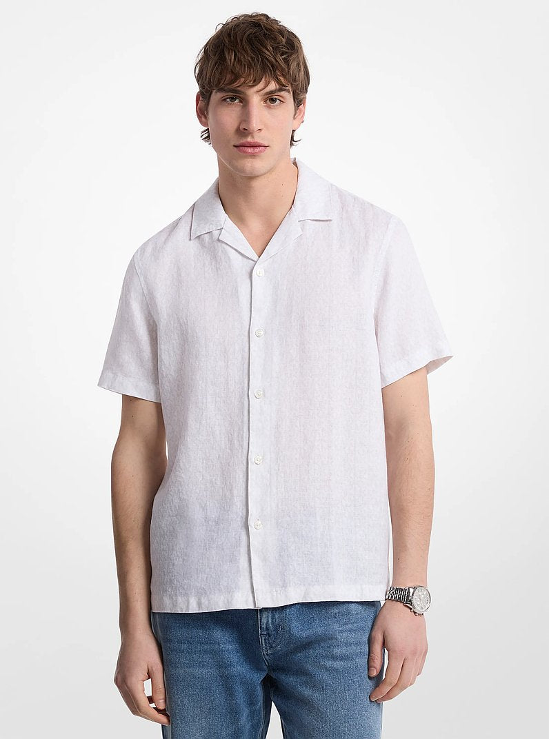Michael Kors Signature Logo Linen Camp Shirt WHITE