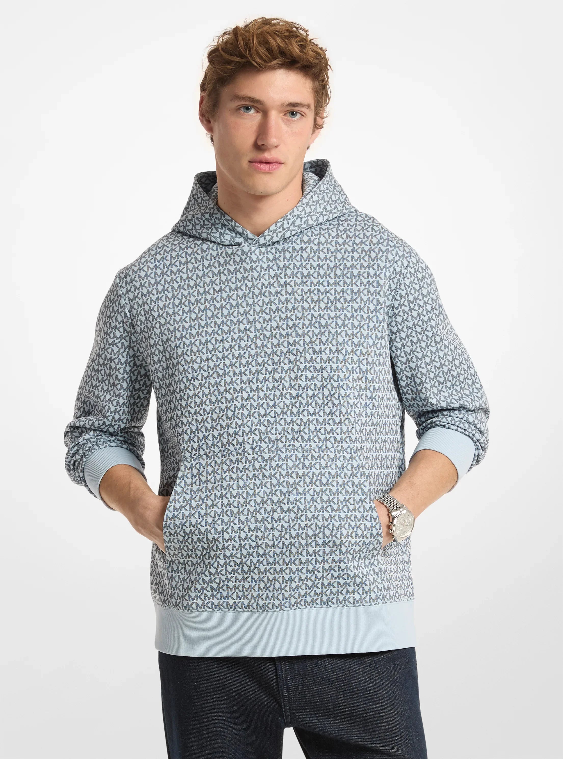 Michael Kors Signature Logo Cotton Blend Hoodie PASTEL BLUE