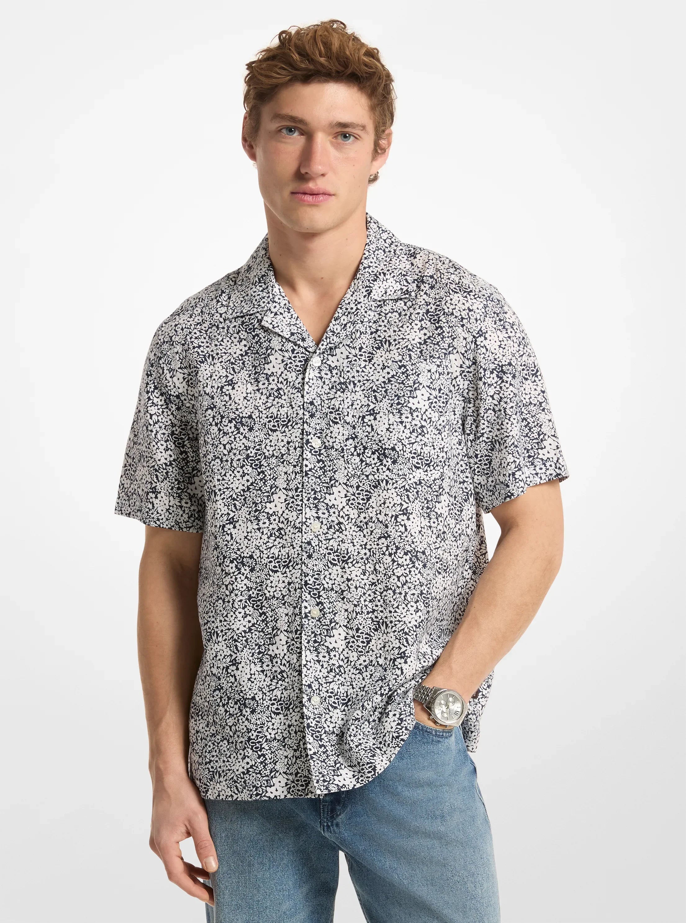 Michael Kors Floral Print Linen Shirt MIDNIGHT