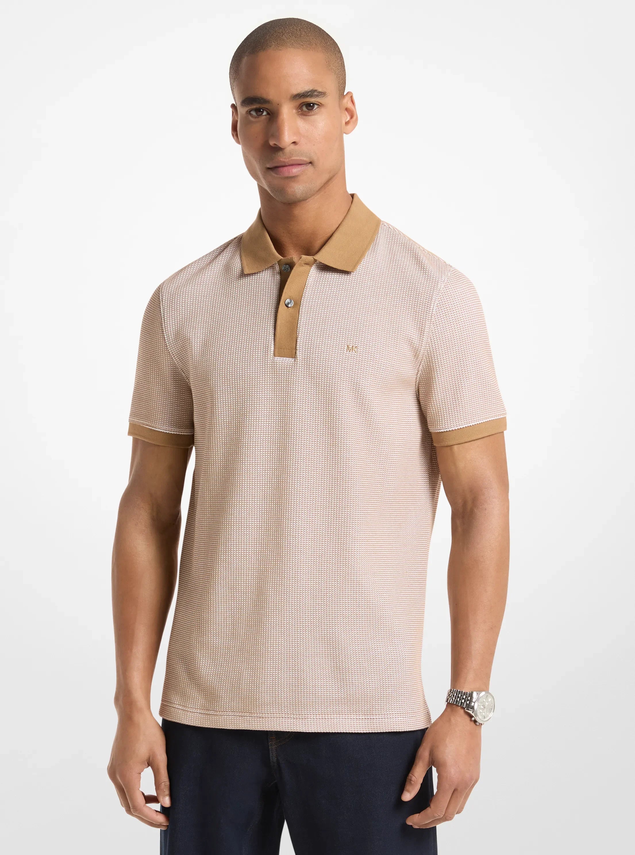 Michael Kors Waffle Stretch Cotton Polo Shirt DARK CAMEL