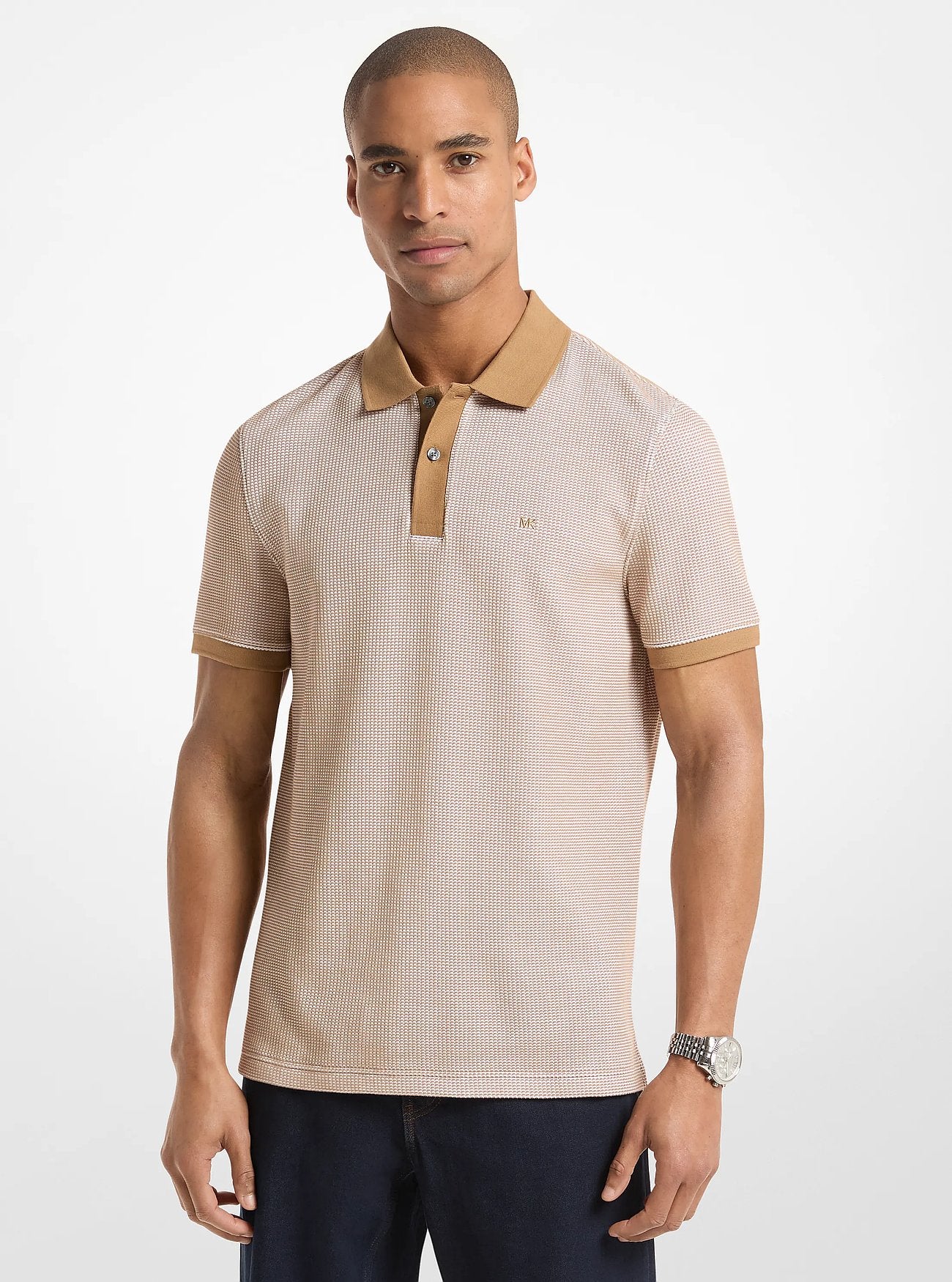 Michael Kors Waffle Stretch Cotton Polo Shirt DARK CAMEL