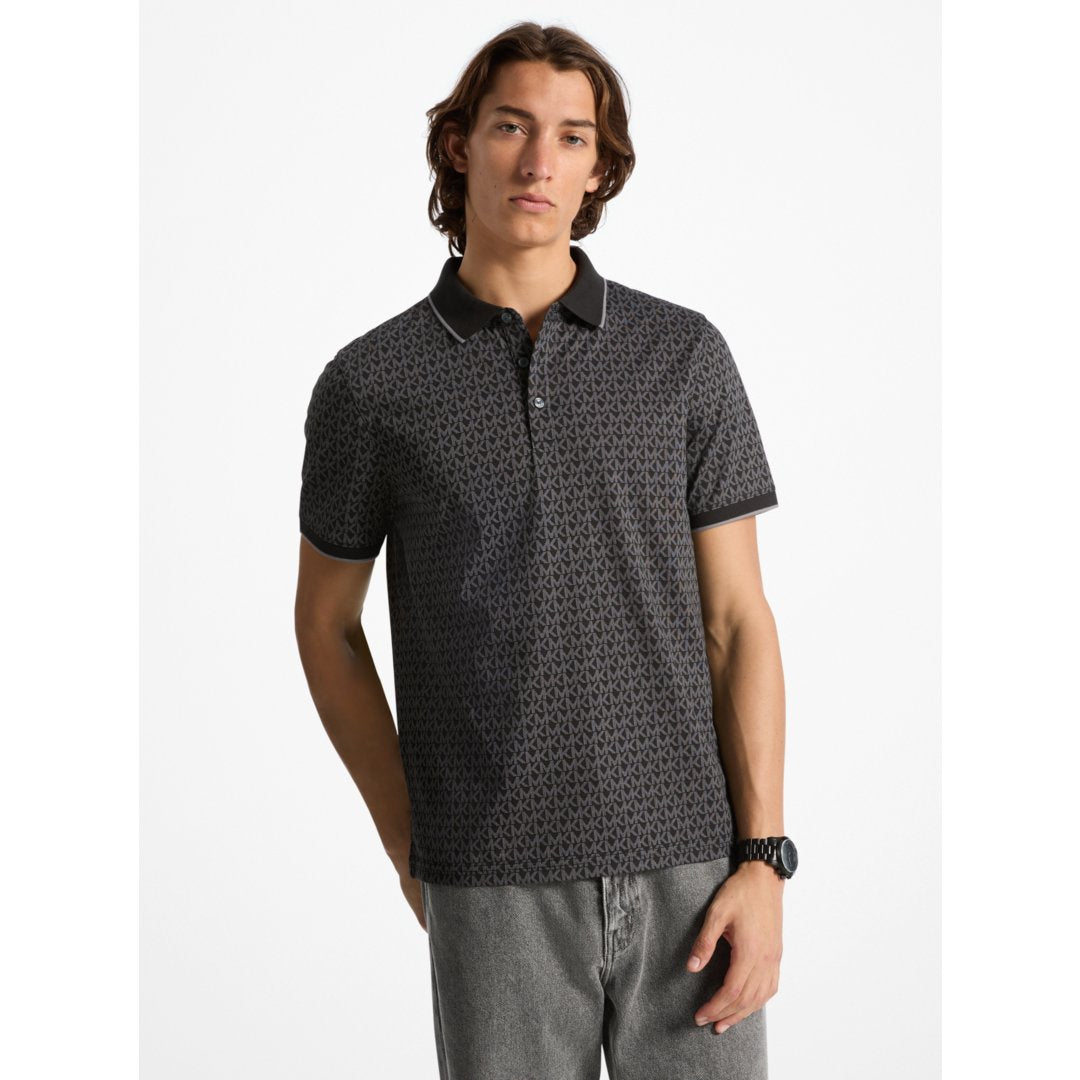 Michael Kors Greenwich Signature Logo Print Cotton Polo Shirt BLACK