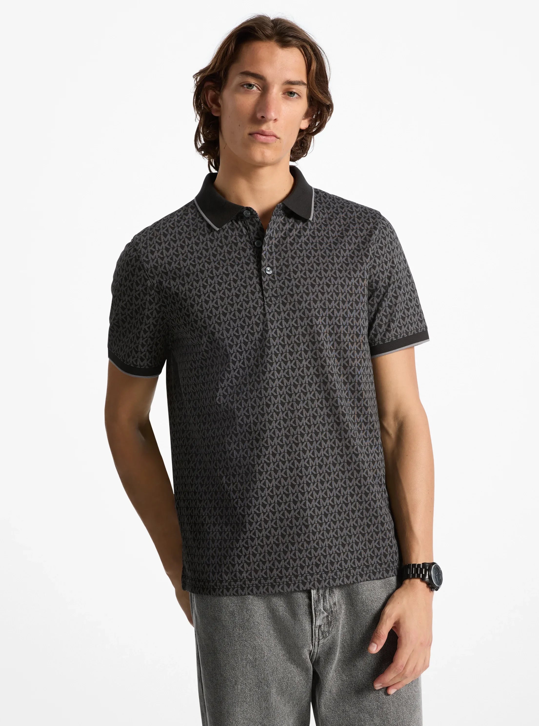 Michael Kors Greenwich Signature Logo Print Cotton Polo Shirt BLACK