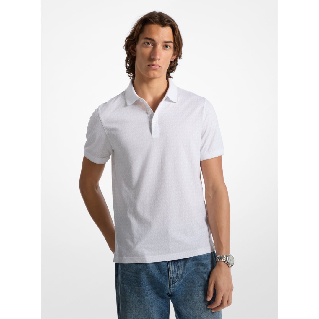 Michael Kors Greenwich Signature Logo Print Cotton Polo Shirt WHITE