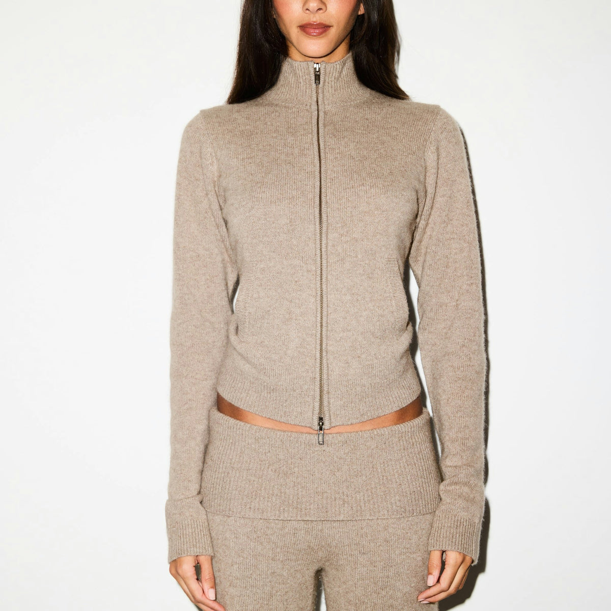 Skims Wool Cashmere Zip Up Mock Neck Sweater Linen