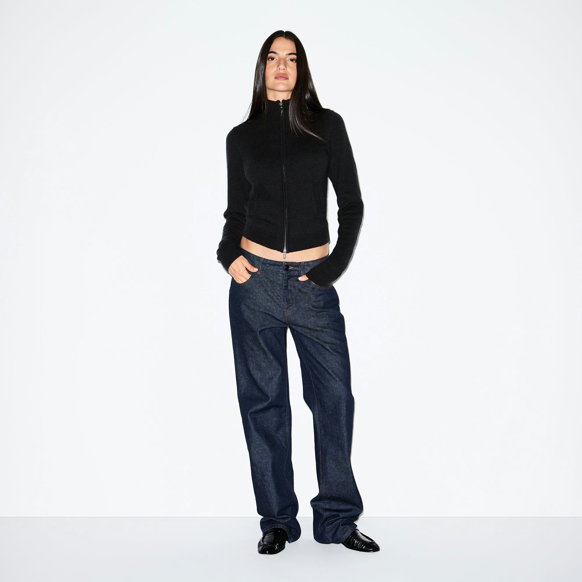 Skims Wool Cashmere Zip Up Mock Neck Sweater Onyx