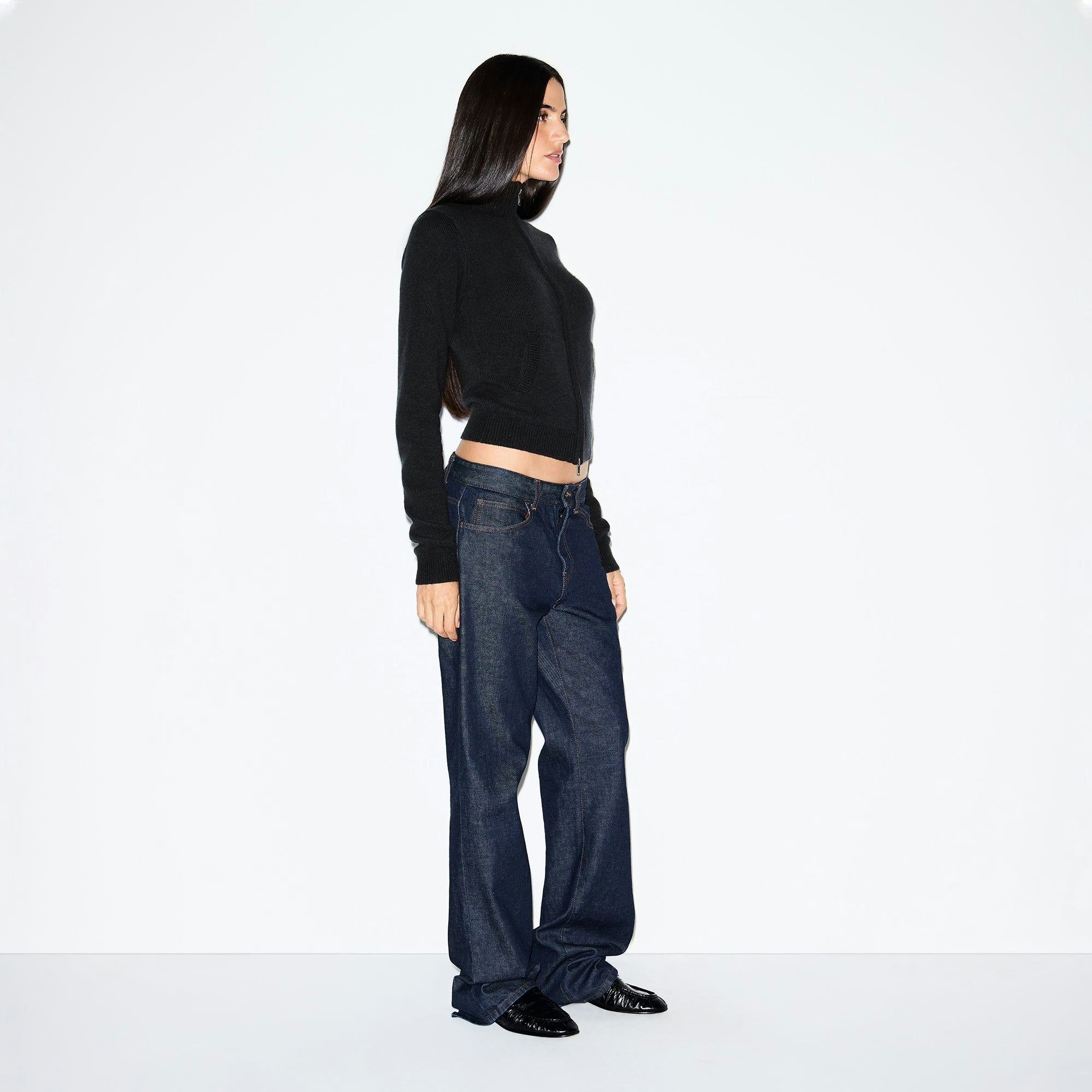 Skims Wool Cashmere Zip Up Mock Neck Sweater Onyx