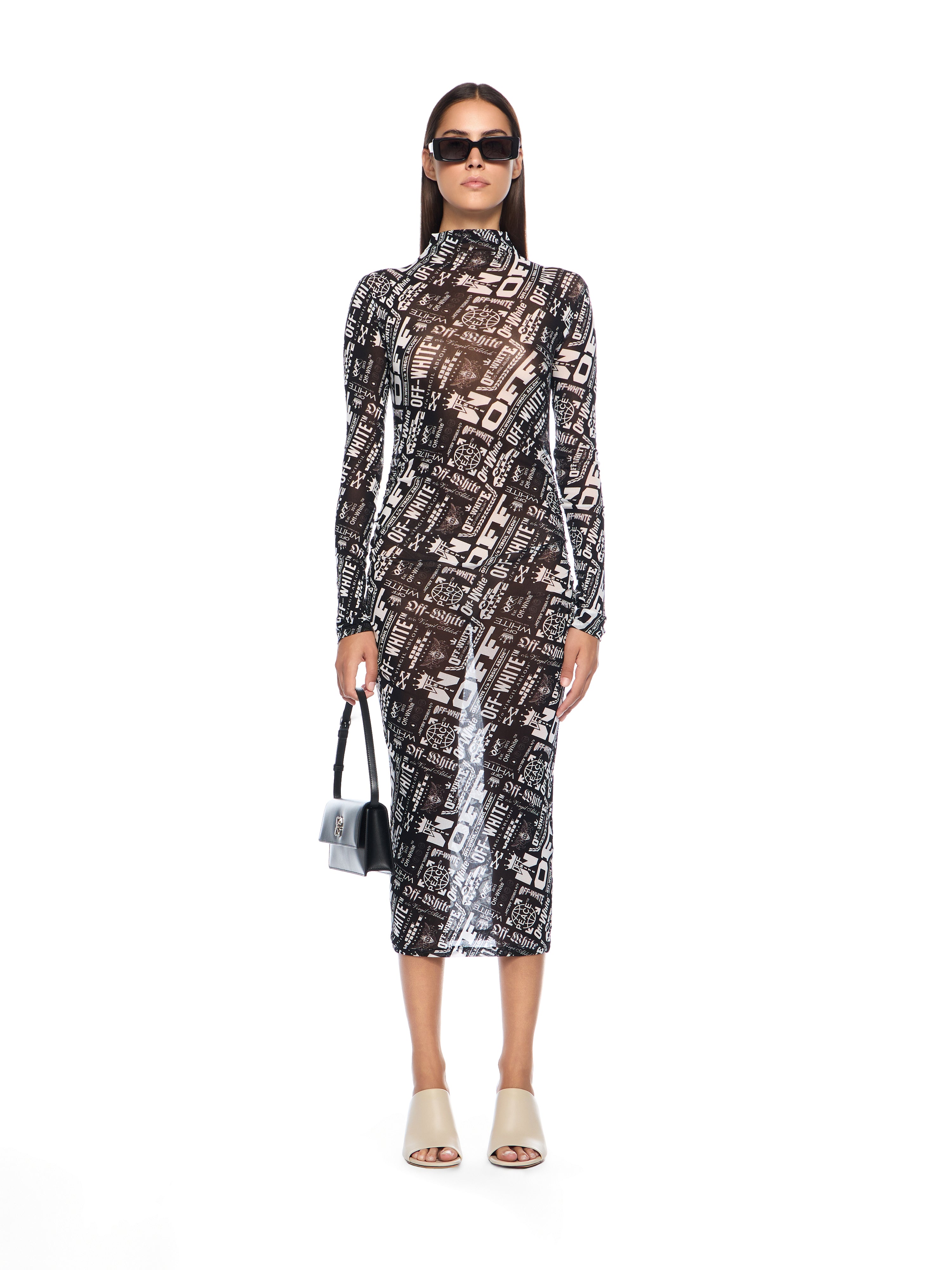 Off-White Multilogo Mesh Gather Midi Dress Black