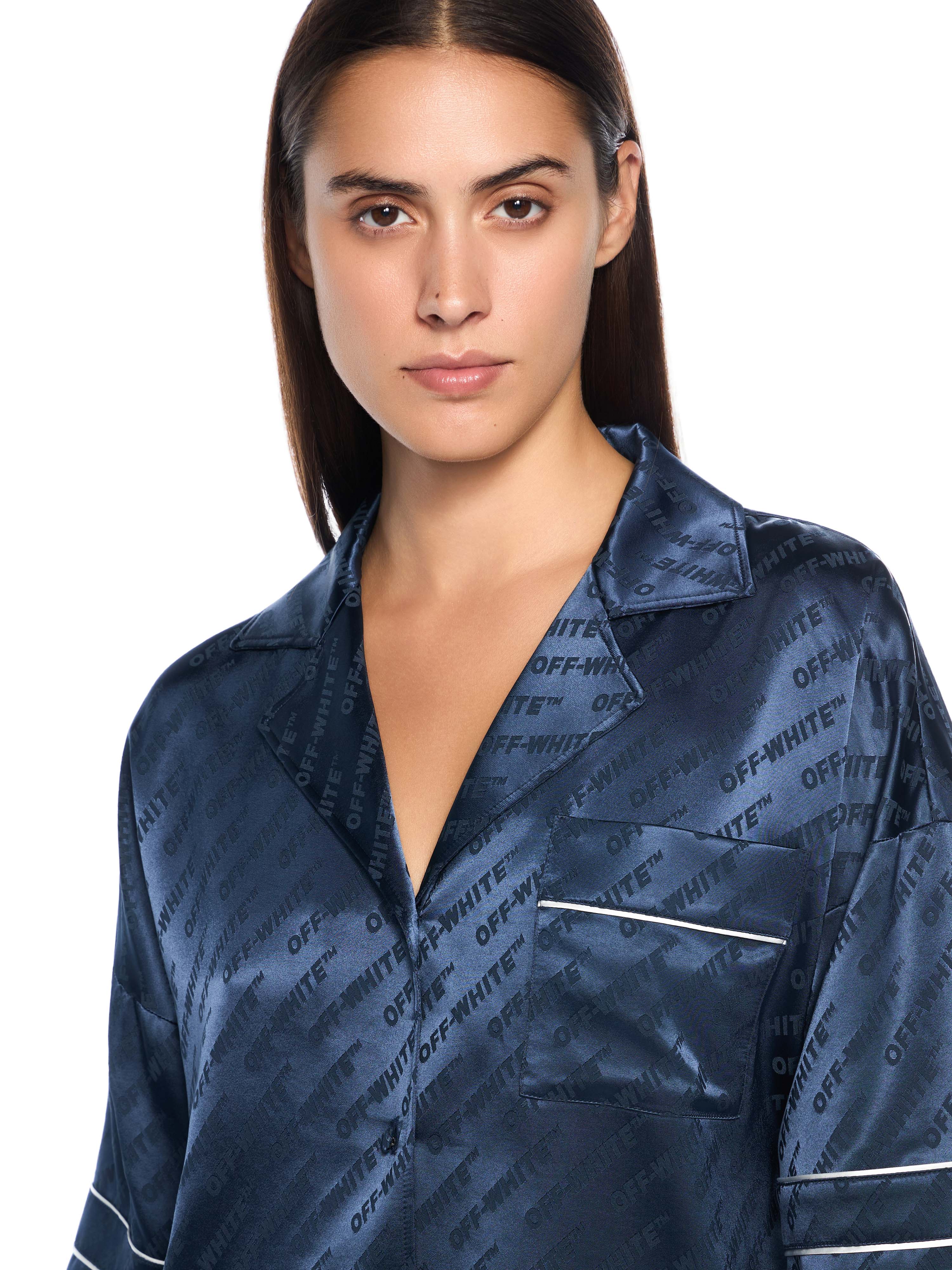 Off-White Jacquard Satin Pajama Shirt Blue
