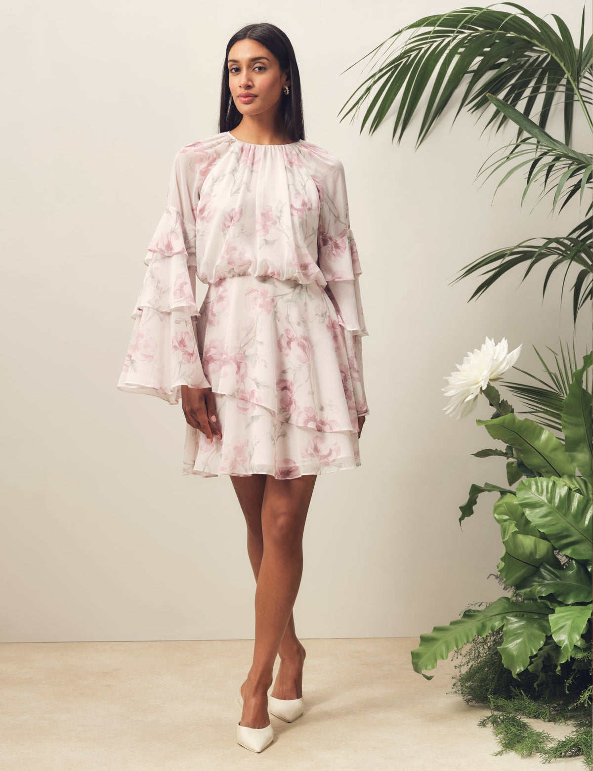 Ted Baker Mahliia Rose Print Frill Long Sleeve Mini Dress Women's
