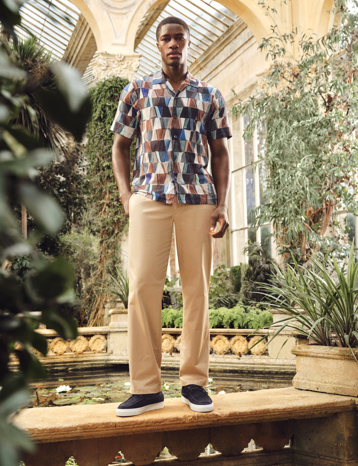 Ted Baker Yarino Tile Print Cotton Linen Short Sleeve Shirt