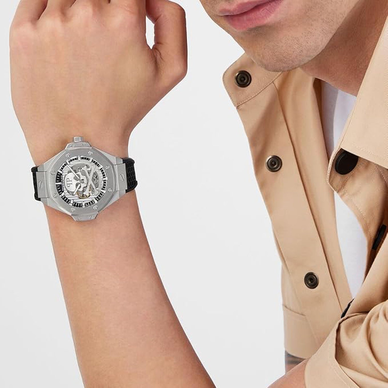 Philipp Plein Men Automatic Silver Dial Analog Silicone Watch PWPFA0124