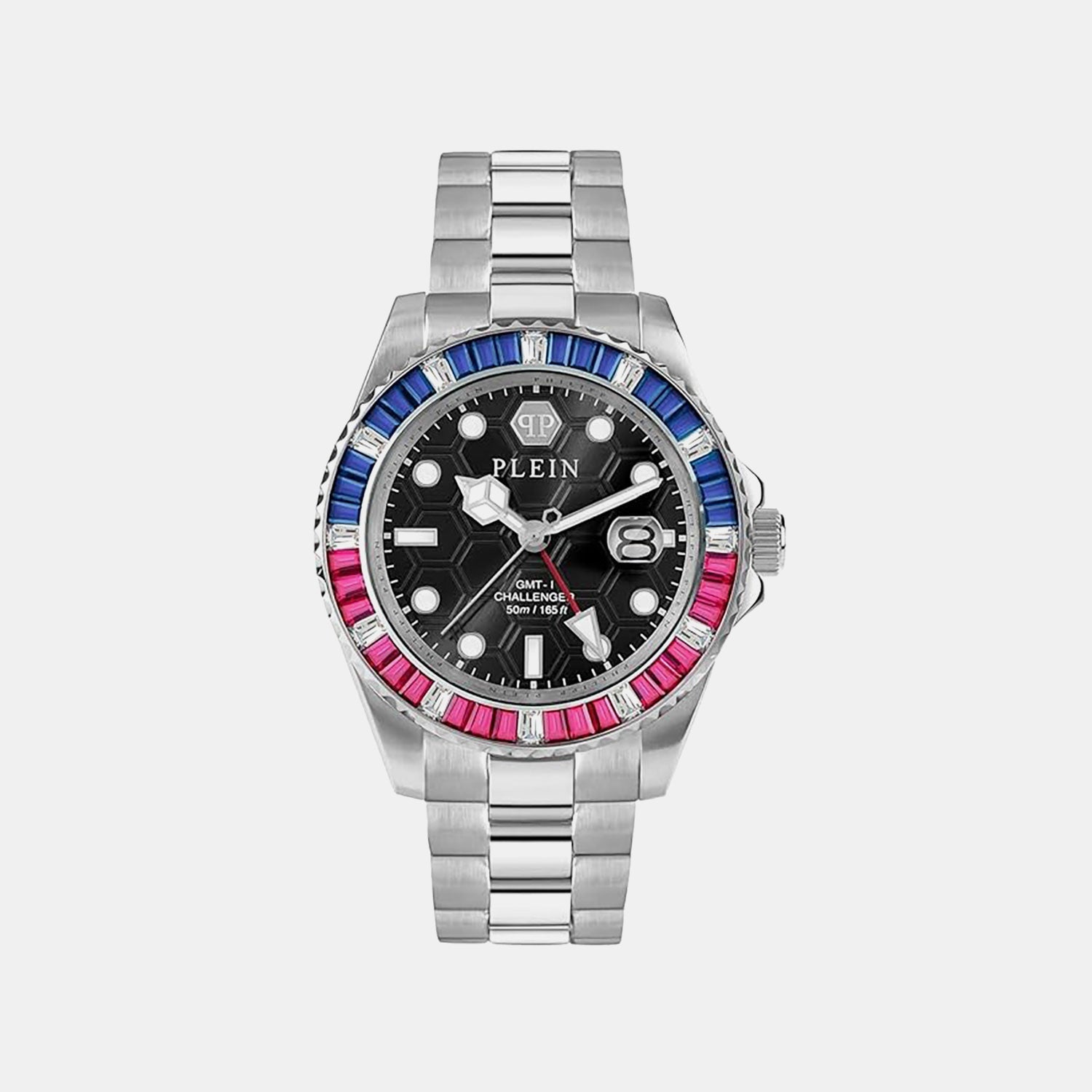 Philipp Plein Pza-Gmt-I Challenger Bagu Men Quartz Black Dial Analog Stainless Steel Watch Pwpza0124