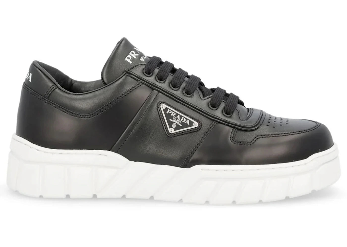 Prada Logo Plaque Lace Up Sneakers Black White