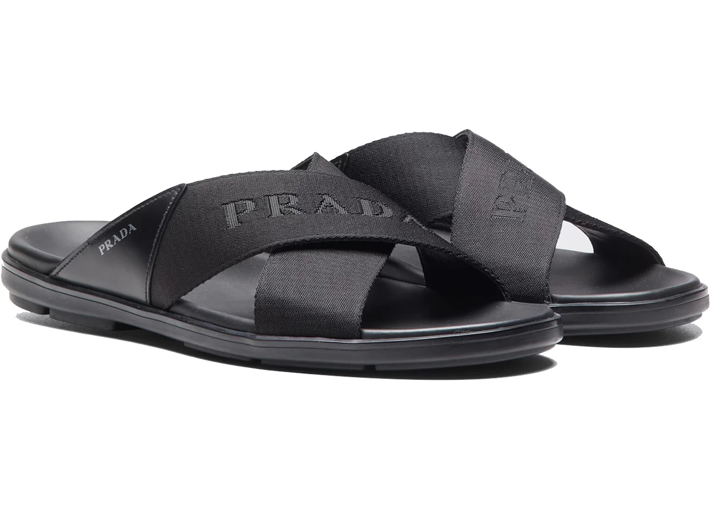 Prada Nylon Tape Crisscross Slides Black Leather Mens