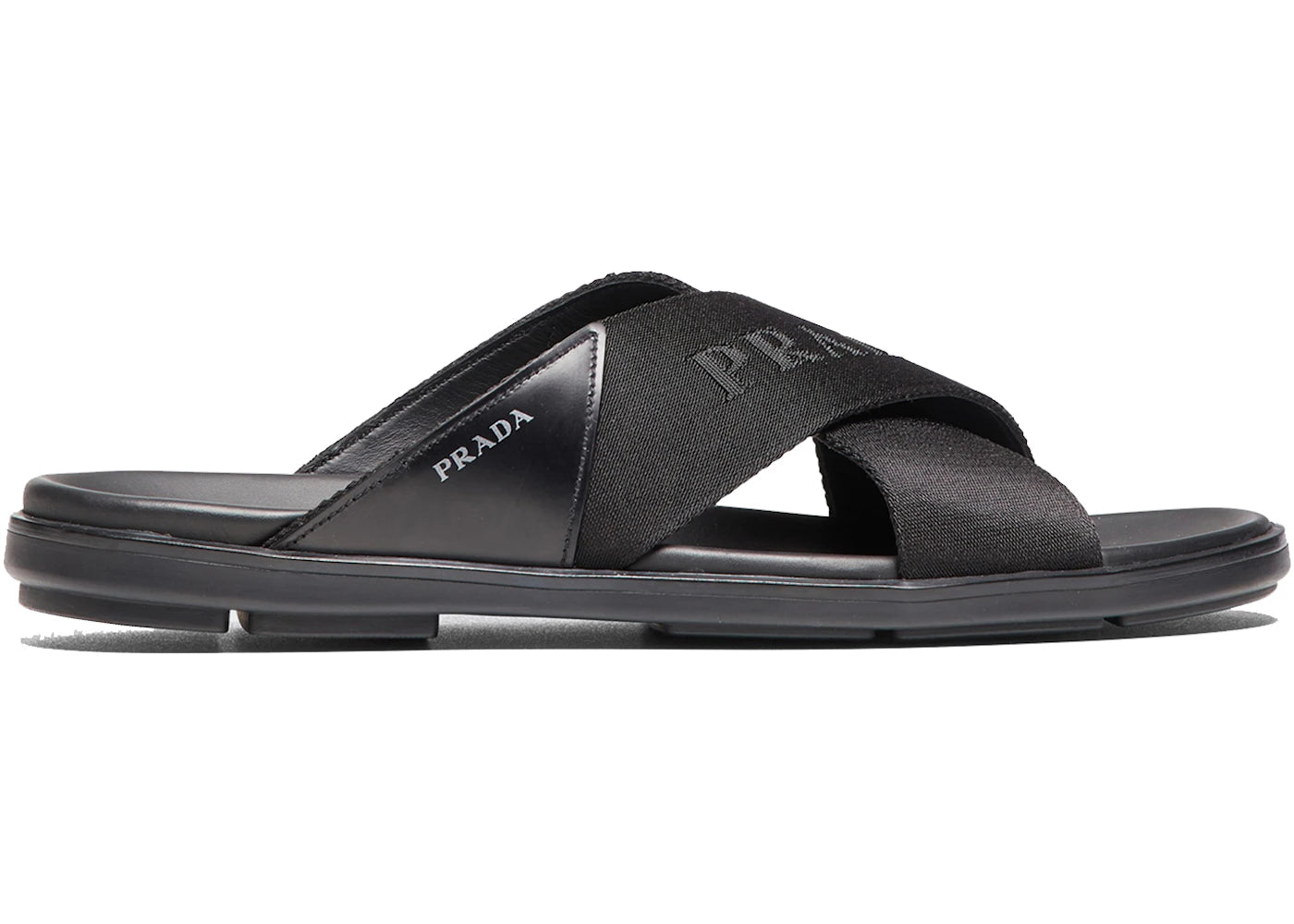 Prada Nylon Tape Crisscross Slides Black Leather (Men'S)