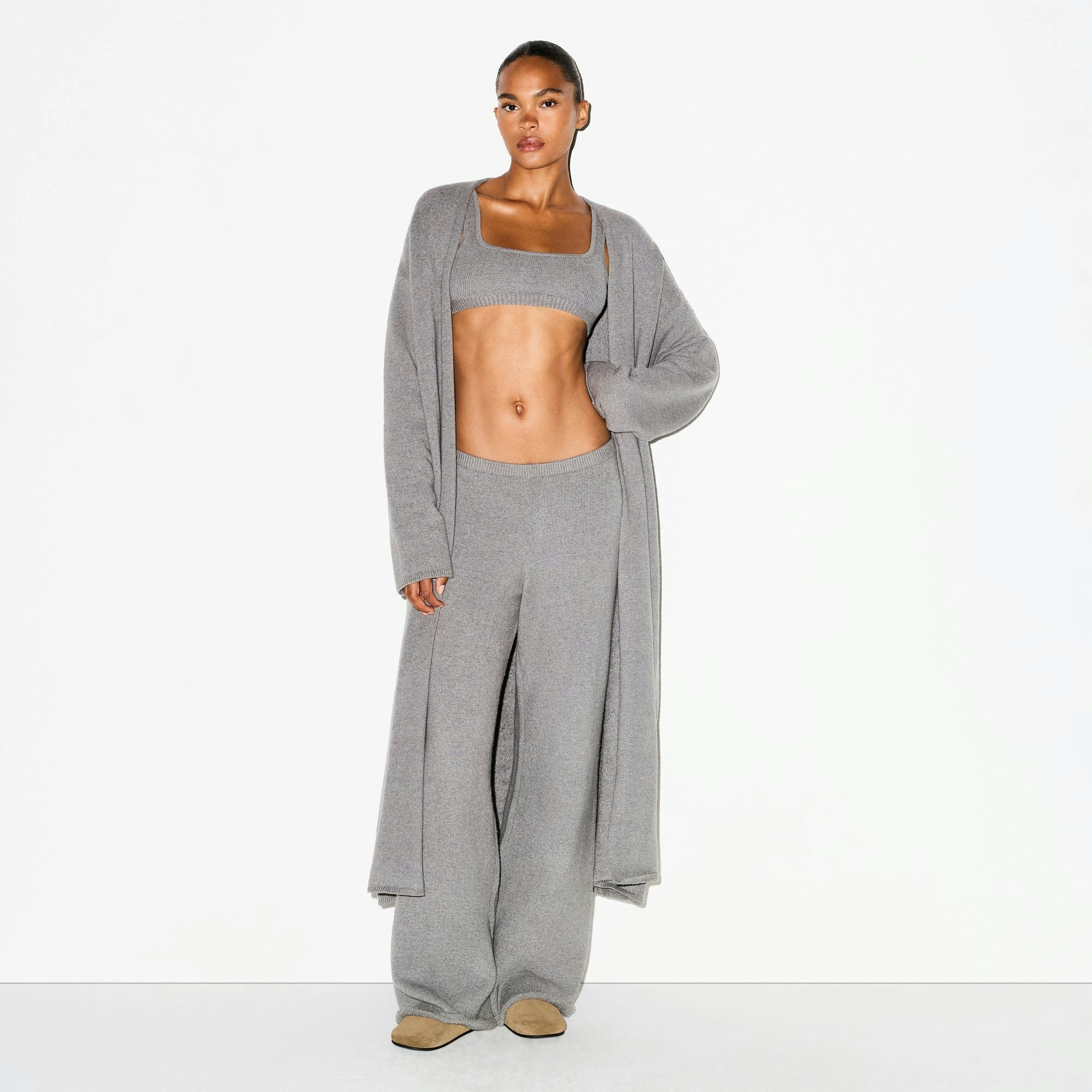 Skims Textured Knit Long Cardigan Dark Heather Grey