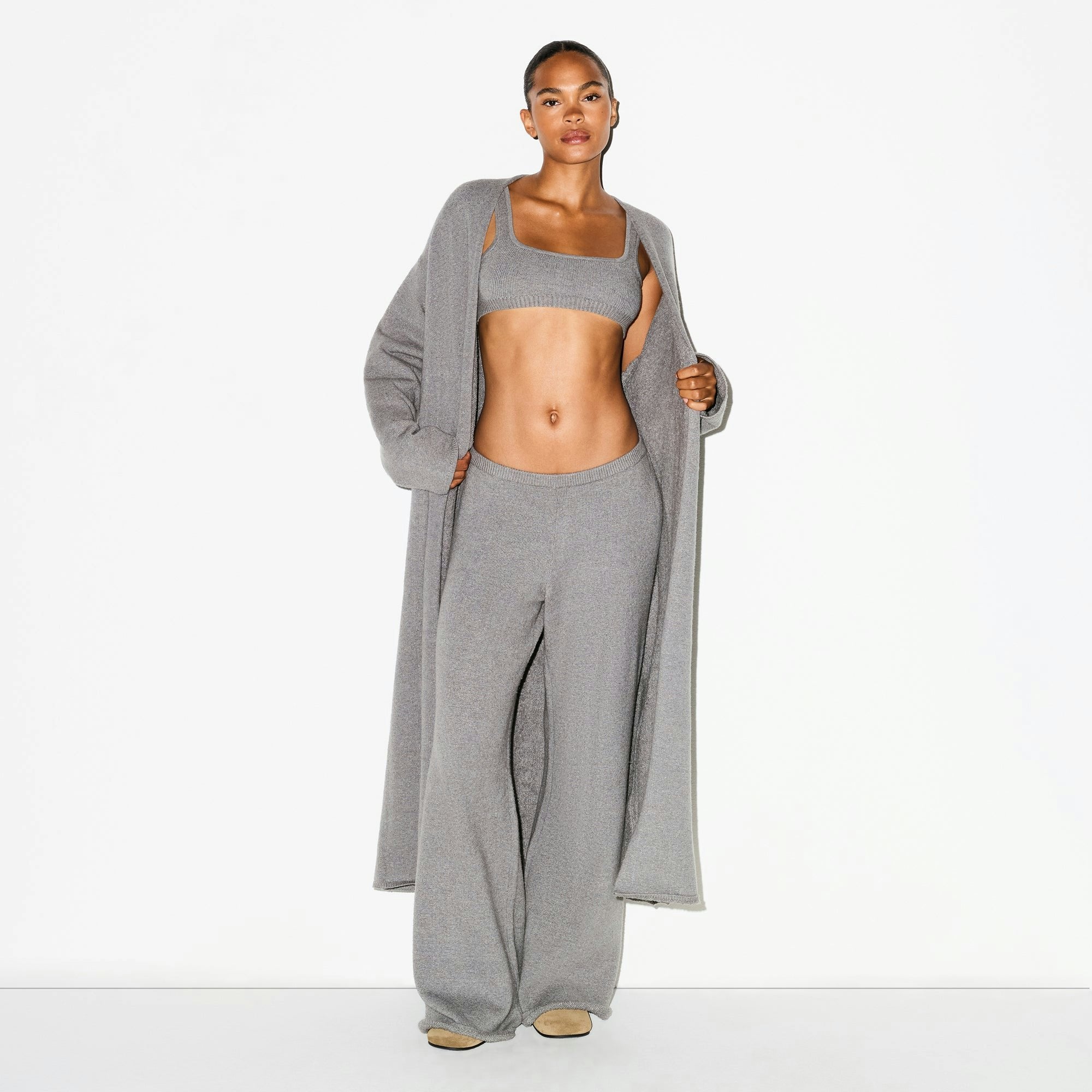 Skims Textured Knit Long Cardigan Dark Heather Grey