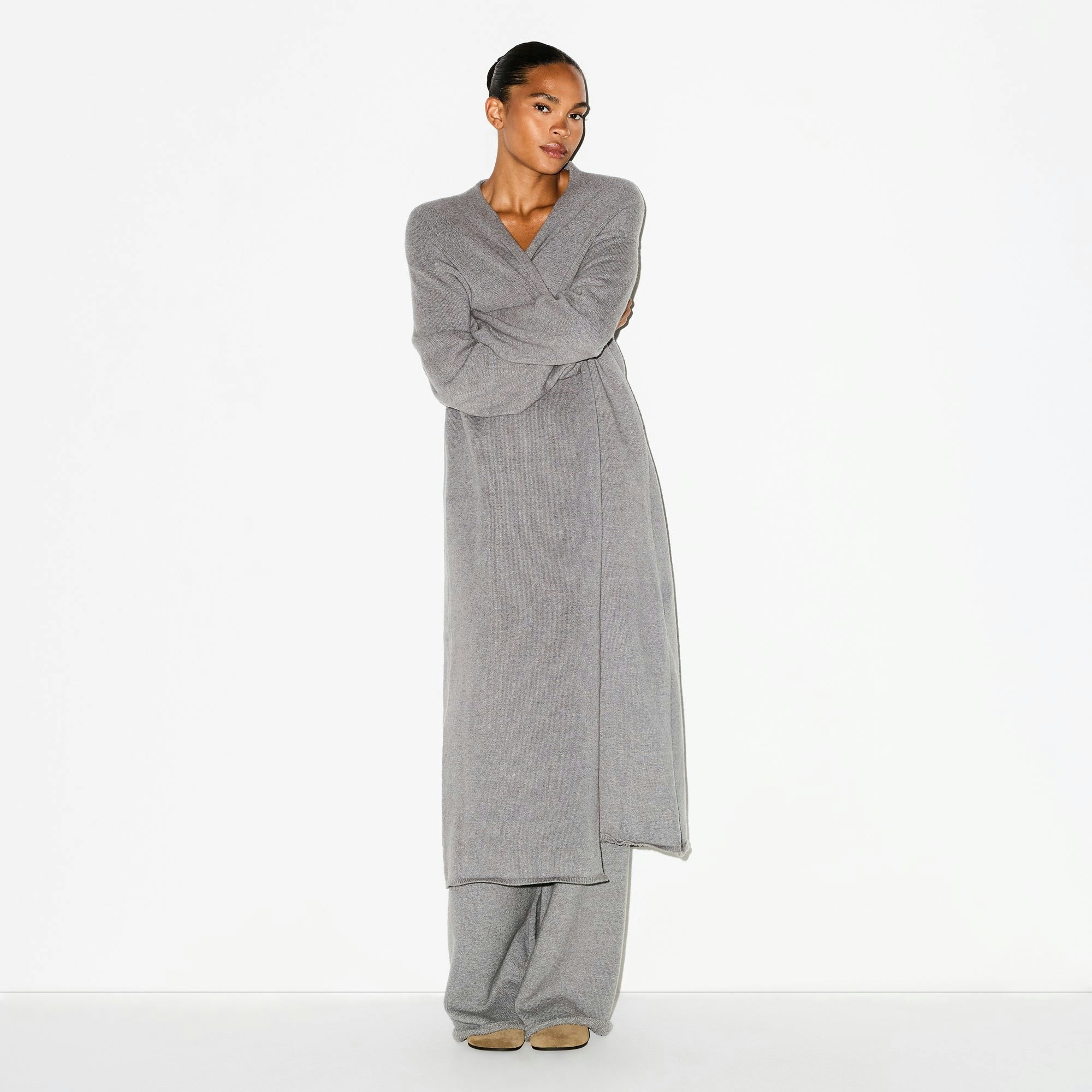 Skims Textured Knit Long Cardigan Dark Heather Grey