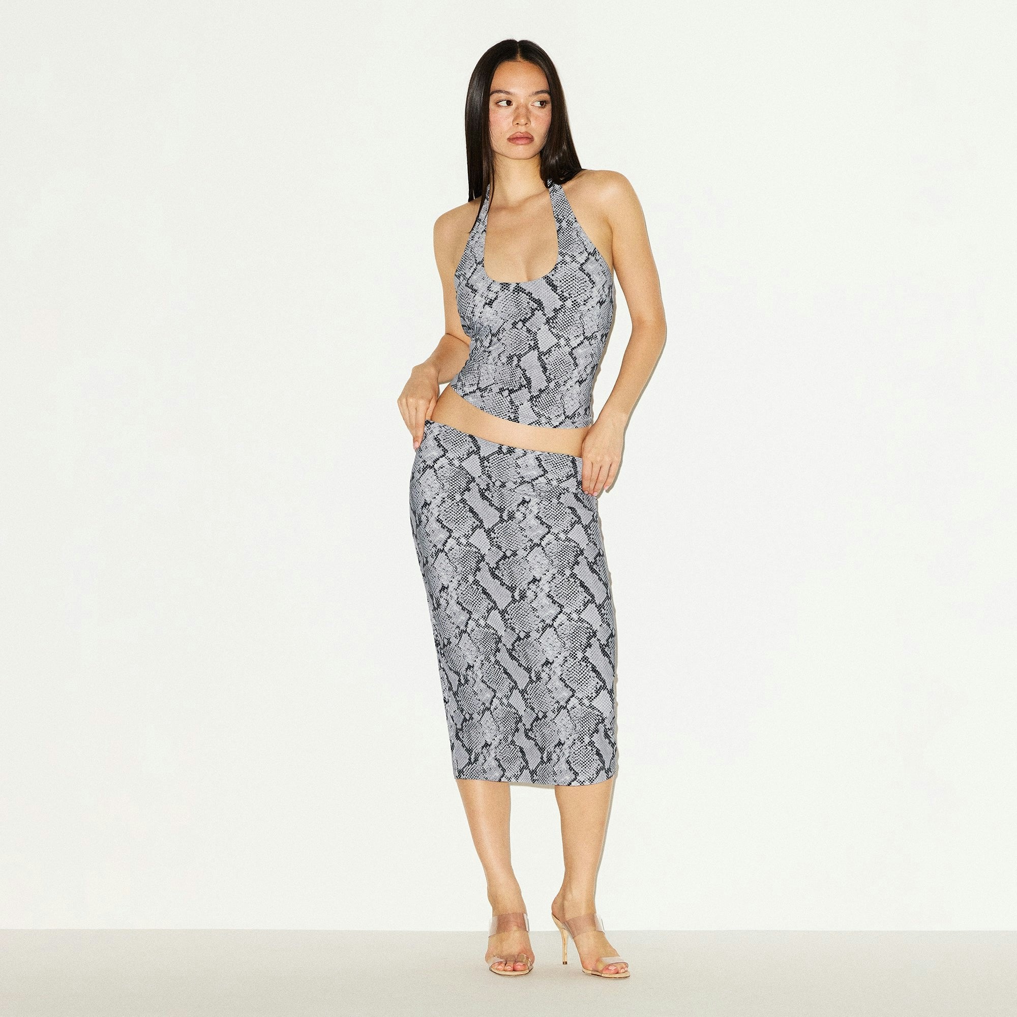 Skims Cling Matte Midi Skirt Chrome Snakeskin Print