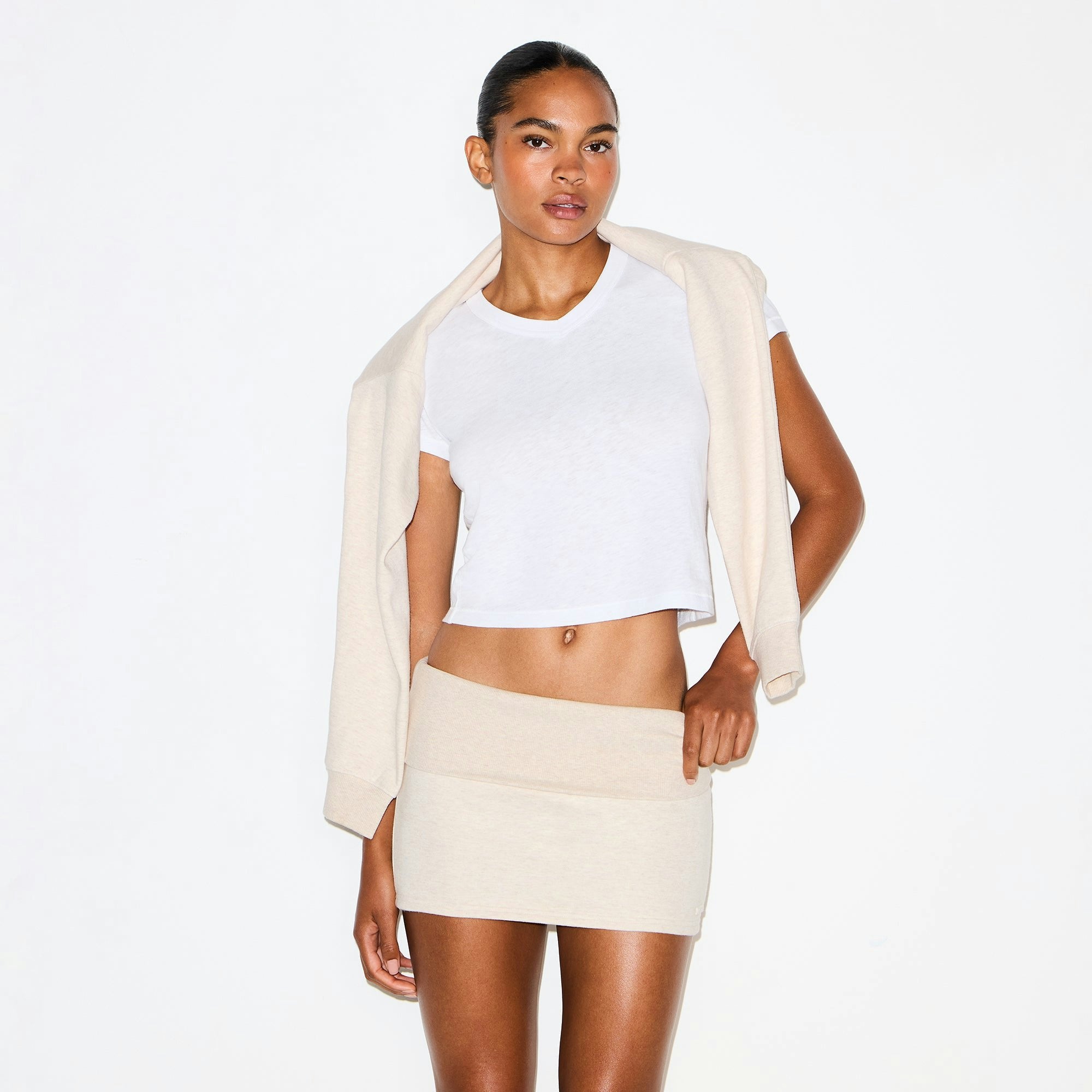 Skims Cotton Fleece Foldover Mini Skirt Oatmeal Heather