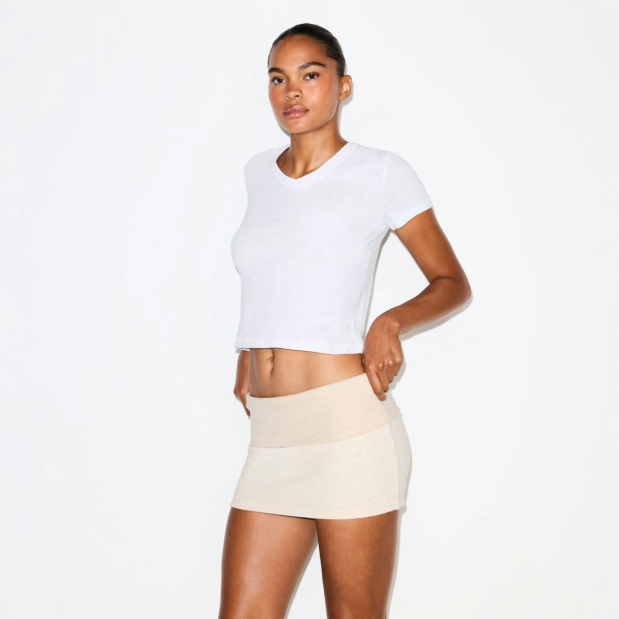 Skims Cotton Fleece Foldover Mini Skirt Oatmeal Heather