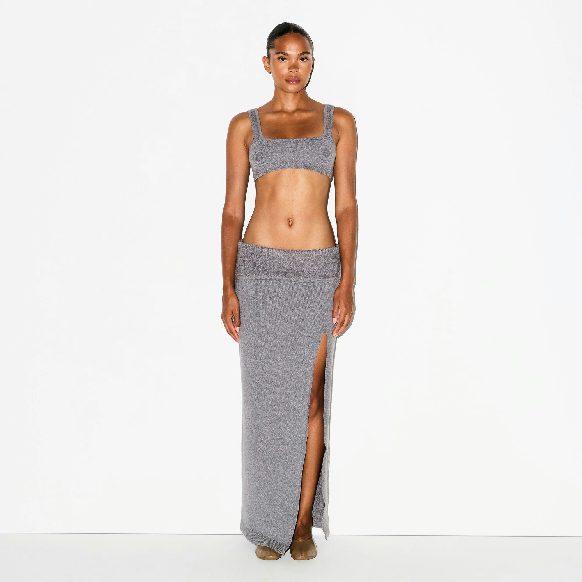 Skims Textured Knit High Slit Long Skirt Dark Heather Grey