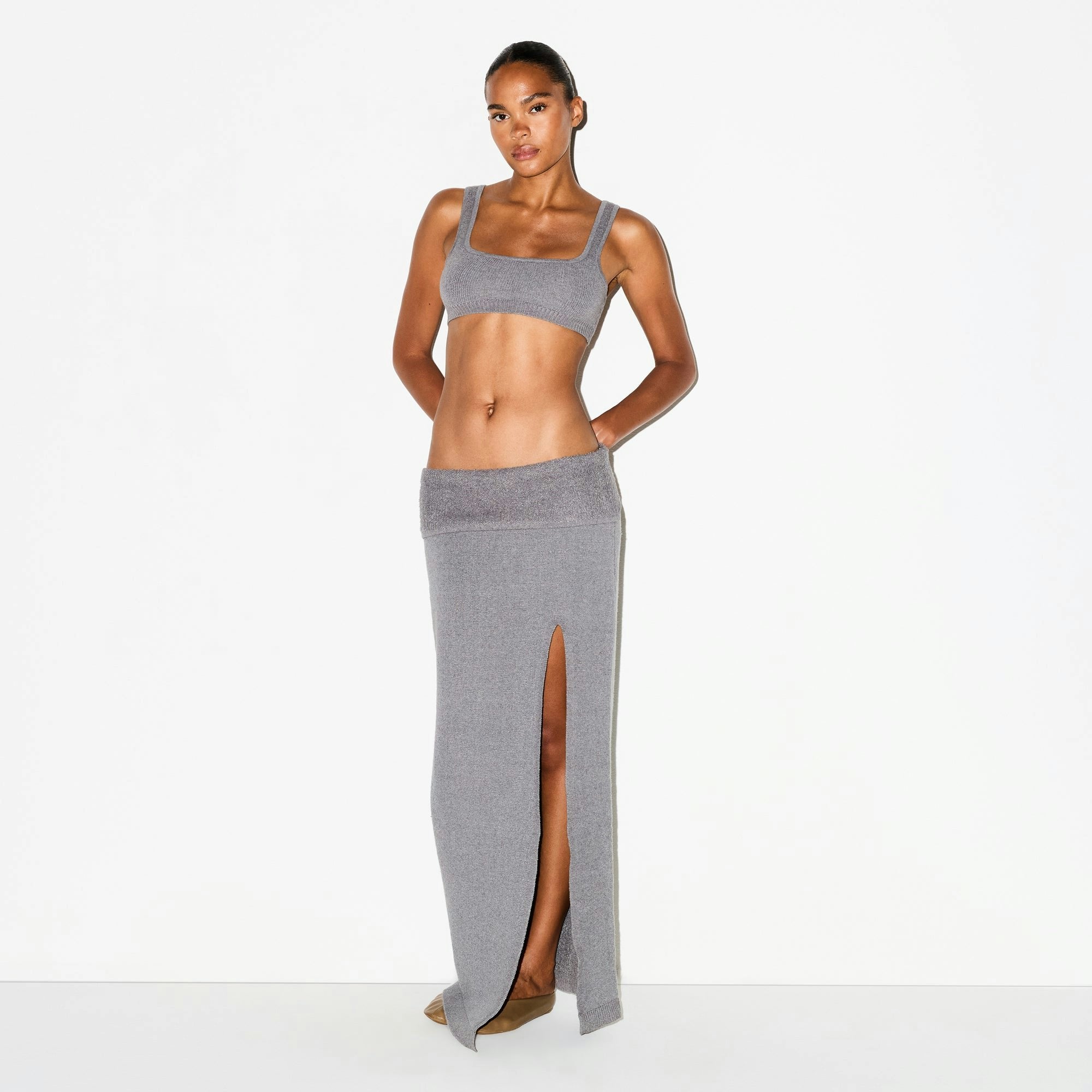 Skims Textured Knit High Slit Long Skirt Dark Heather Grey